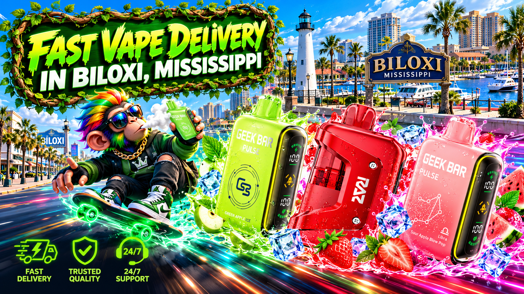 Bright devices with fruit, ice, and water effects race through a sunny coastal scene in Biloxi, Mississippi.