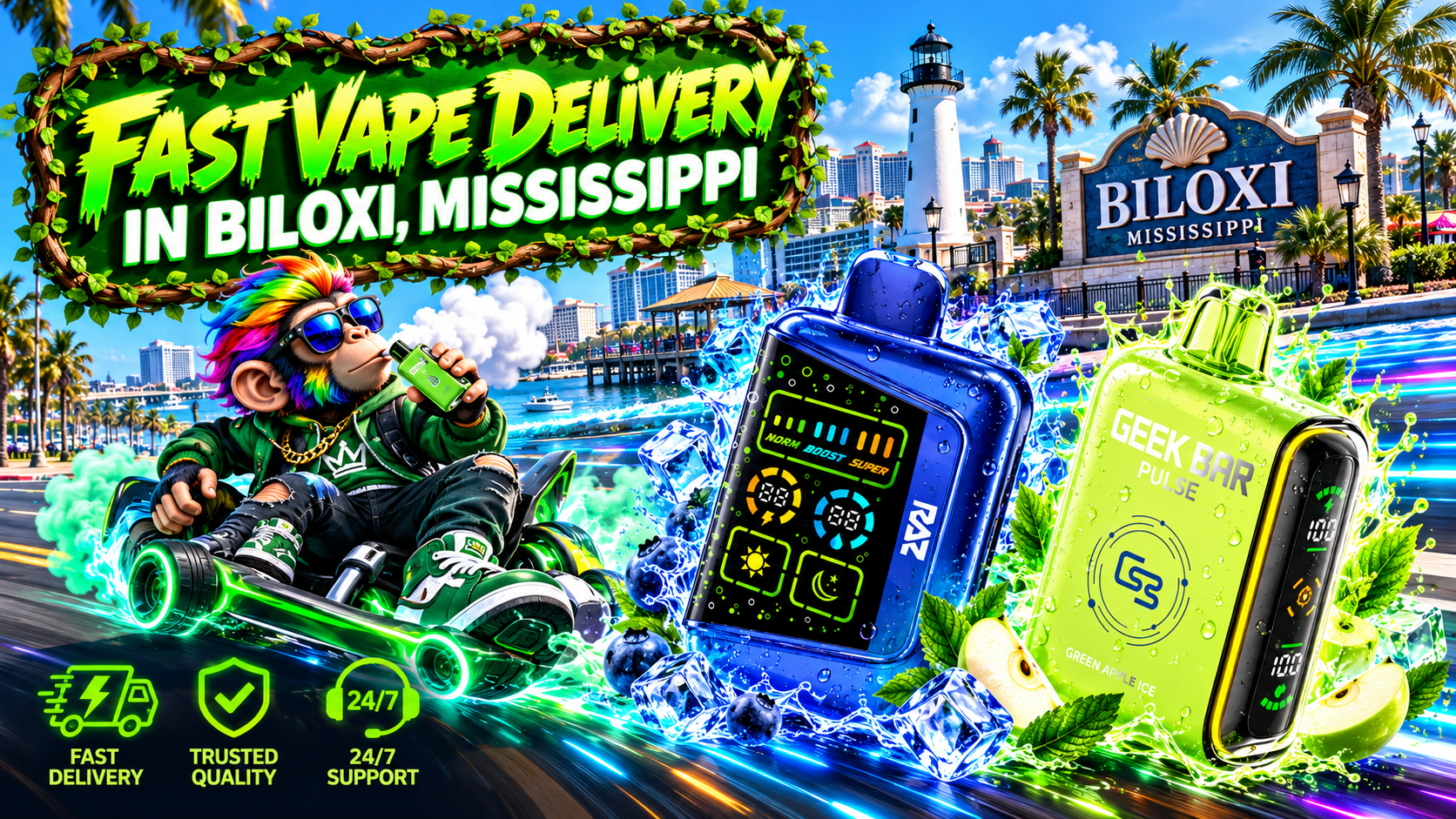 Blue and green devices with ice, fruit accents, and vivid motion effects along the sunny Biloxi waterfront.