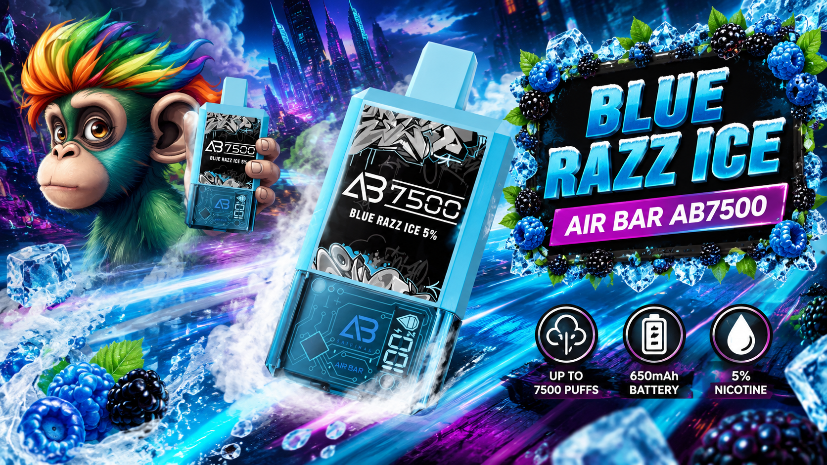 Air Bar AB7500 Blue Razz Ice Disposable Vape with Berry and Ice Artwork Air Bar AB7500 Blue Razz Ice disposable vape with blue berries, blackberries, ice cubes, and cool vapor effects.