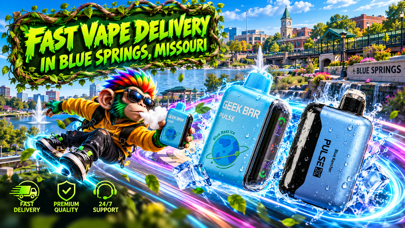Fast Vape Delivery in Blue Springs, Missouri – Blue Devices with Water Effects and Futuristic City Views Blue vape devices with icy splashes and neon streaks glide through a sunny Blue Springs, Missouri cityscape.