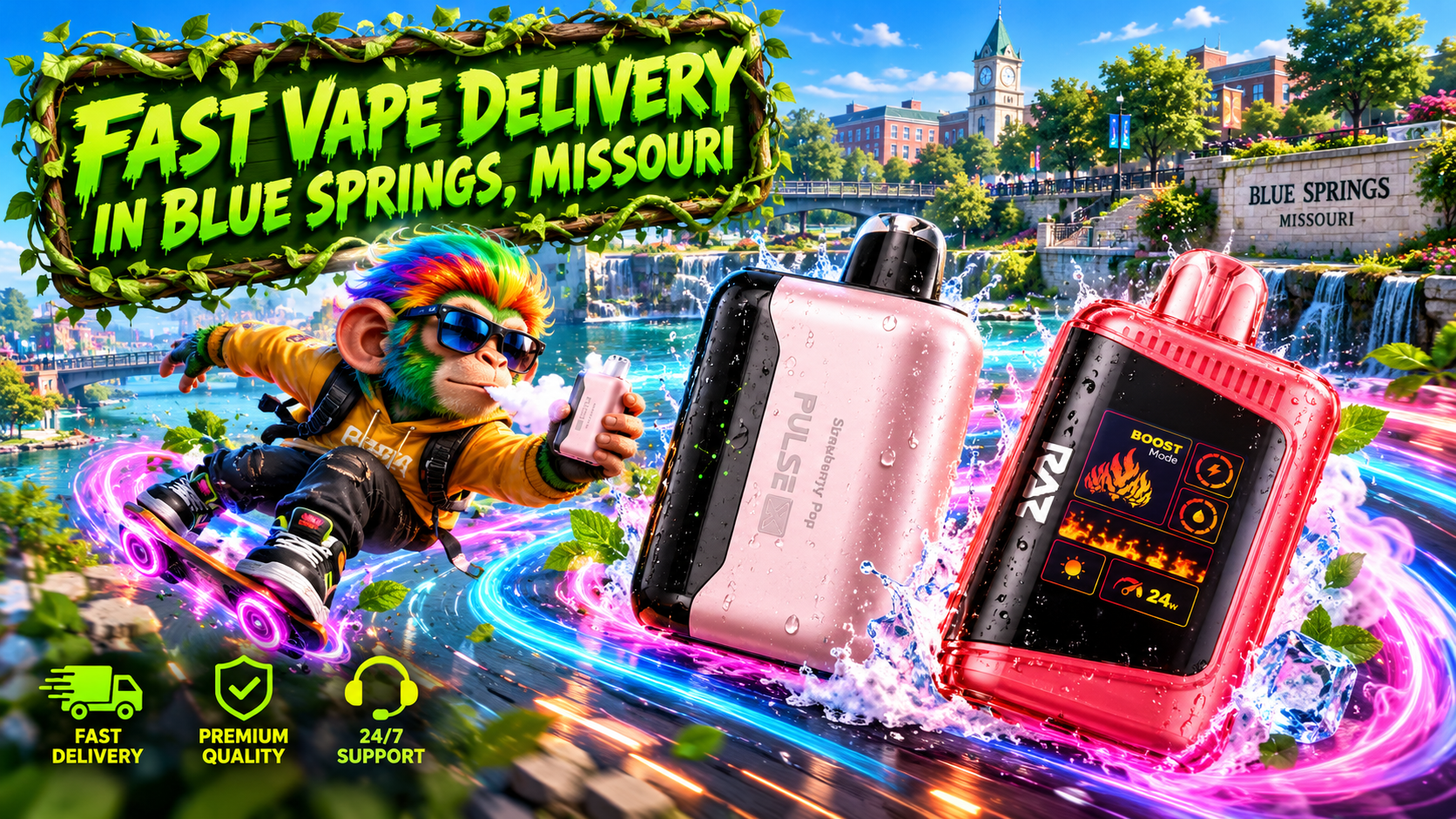 Fast Vape Delivery in Blue Springs, Missouri – Vibrant Devices with Neon Effects and Scenic Waterfalls Pink and red vape devices surrounded by water splashes and neon swirls against a sunny Blue Springs, Missouri backdrop.