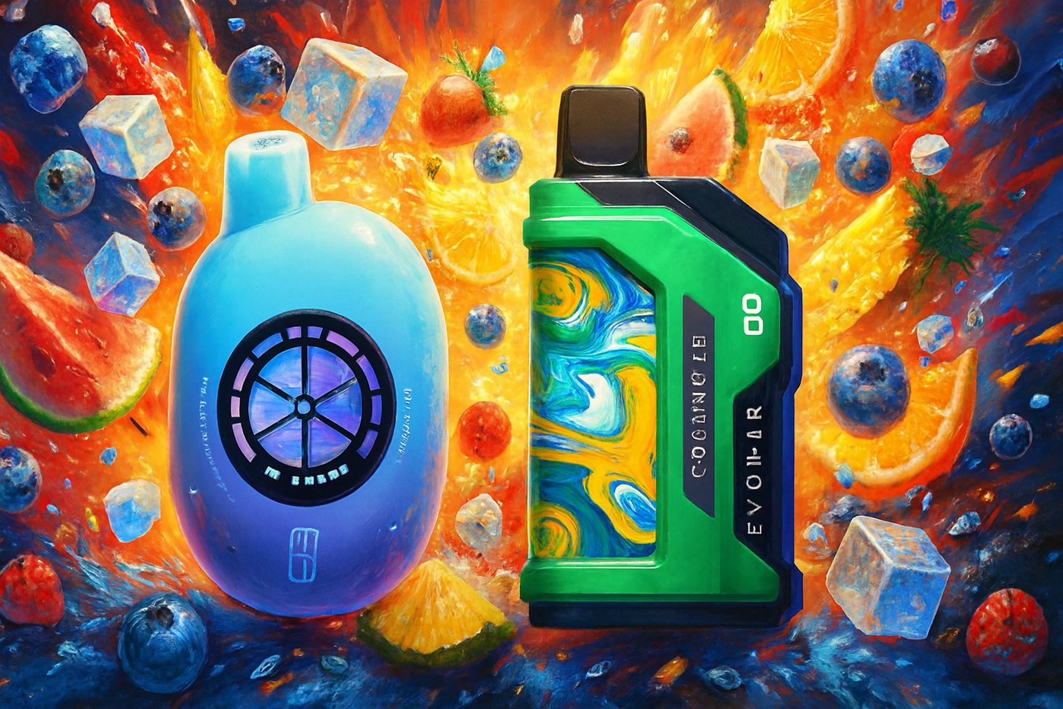 The photo shows two colorful vape devices set against a bold, explosive background filled with fruit and ice cubes. On the left is a rounded blue and purple pod-shaped device with a circular window design and the text &ldquo;ME ENERG&rdquo; and &ldquo;COOL MINT.&rdquo; On the right is a rectangular green and black device decorated with swirling blue, yellow, and white patterns, labeled &ldquo;COOL MINT,&rdquo; &ldquo;EVOII-BR,&rdquo; and &ldquo;00.&rdquo; Surrounding them are dynamic splashes of orange, red, and blue, along with floating strawberries, blueberries, watermelon slices, orange slices, pineapple chunks, and ice cubes, creating a lively, fruity, and refreshing atmosphere.