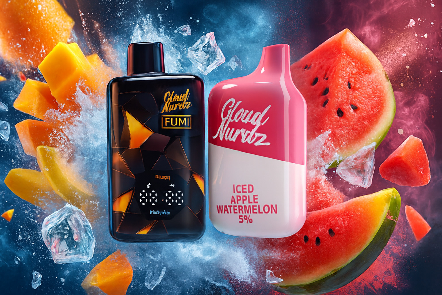 The photo shows two colorful vape devices from the brand Cloud Nurdz. One has a dark design with orange geometric accents labeled “FUMI,” while the other features a pink and white look labeled “ICED APPLE WATERMELON 5%.” Around them are vibrant splashes of fruit—mango chunks, watermelon slices—and ice cubes, highlighting the fruity and refreshing flavors these products are meant to represent.