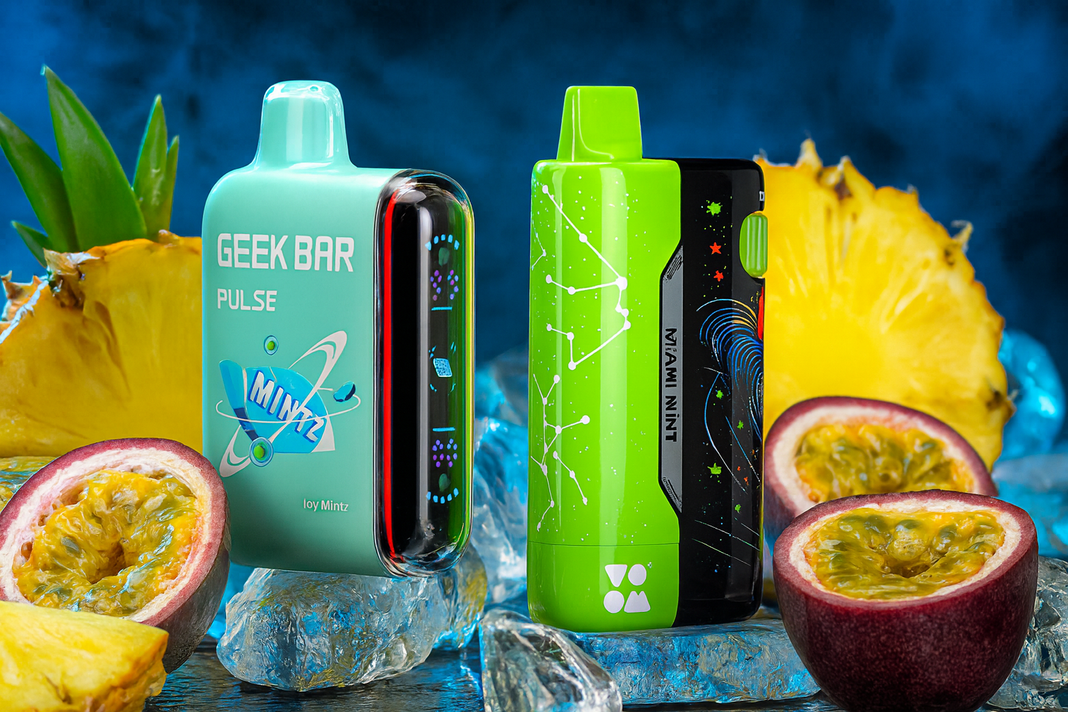 The photo shows two colorful vape devices placed on ice cubes among tropical fruits like pineapple slices and halved passion fruits. On the left, the "GEEK BAR PULSE" device features a mint-themed design with the words "Mintz" and "Icy Mintz," while on the right, a green and black device labeled "MIAMI MINT" and "VOOM" displays constellation graphics. The deep blue background enhances the vibrant colors, highlighting the tropical and minty flavor theme.