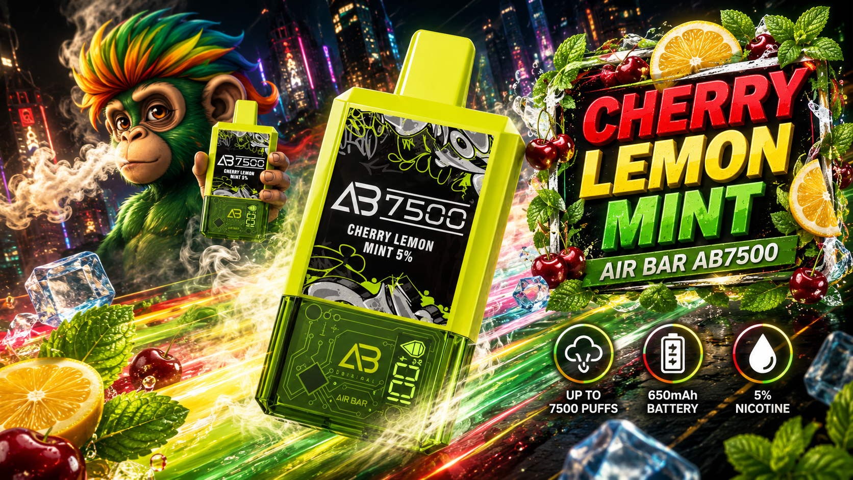 Air Bar AB7500 Cherry Lemon Mint Disposable Vape with Citrus and Cherry Artwork Air Bar AB7500 Cherry Lemon Mint disposable vape with cherries, lemon slices, mint leaves, ice, and vapor effects.