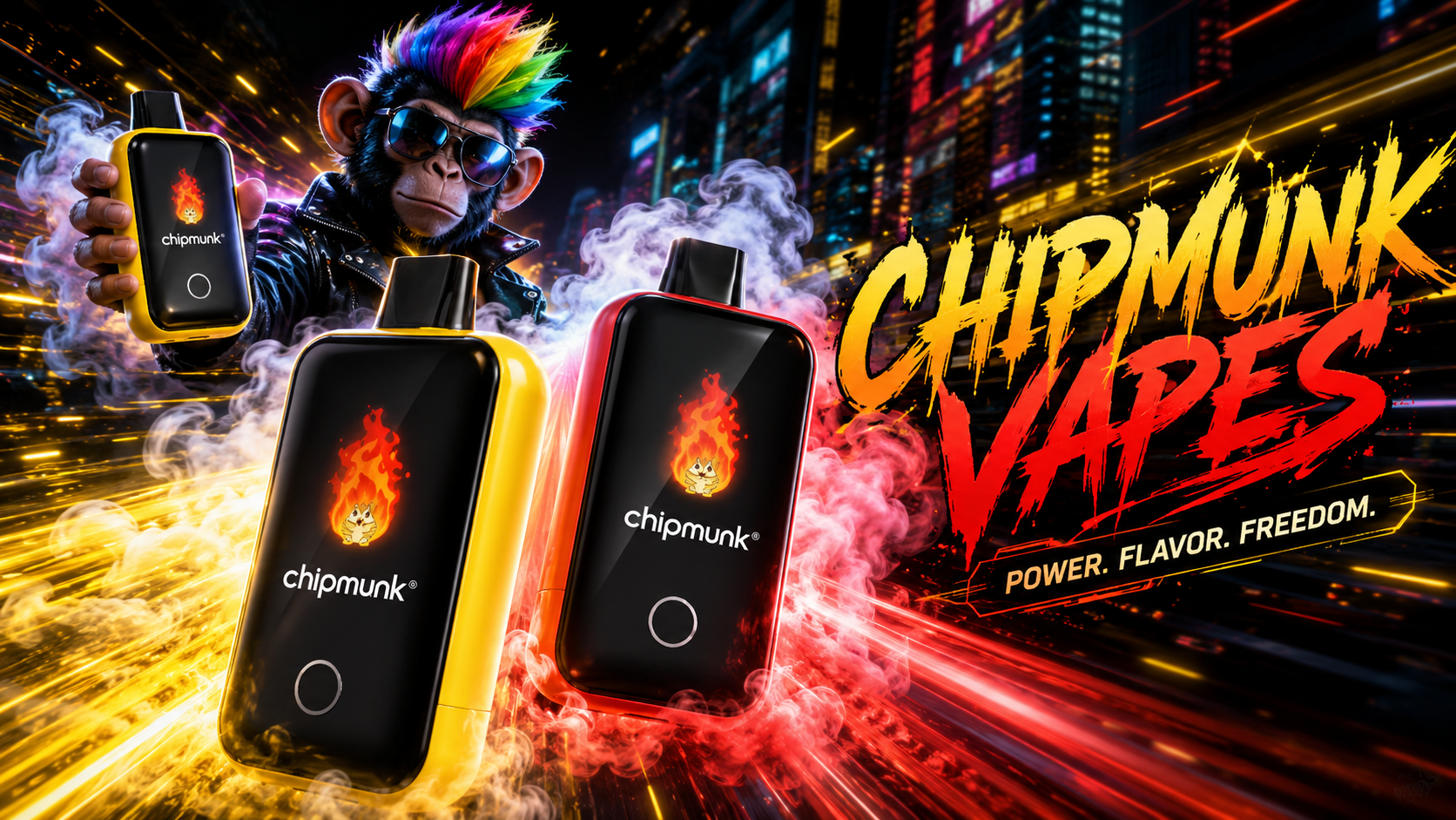 Chipmunk Vapes devices with neon city backdrop and vapor effects