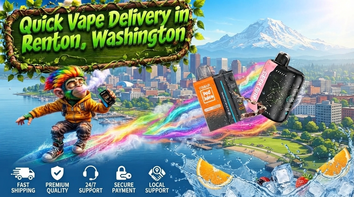 Citrus Flavor Devices with Renton Skyline Colorful citrus flavor devices with ice splashes, rainbow effects, and a vibrant Renton city waterfront backdrop.