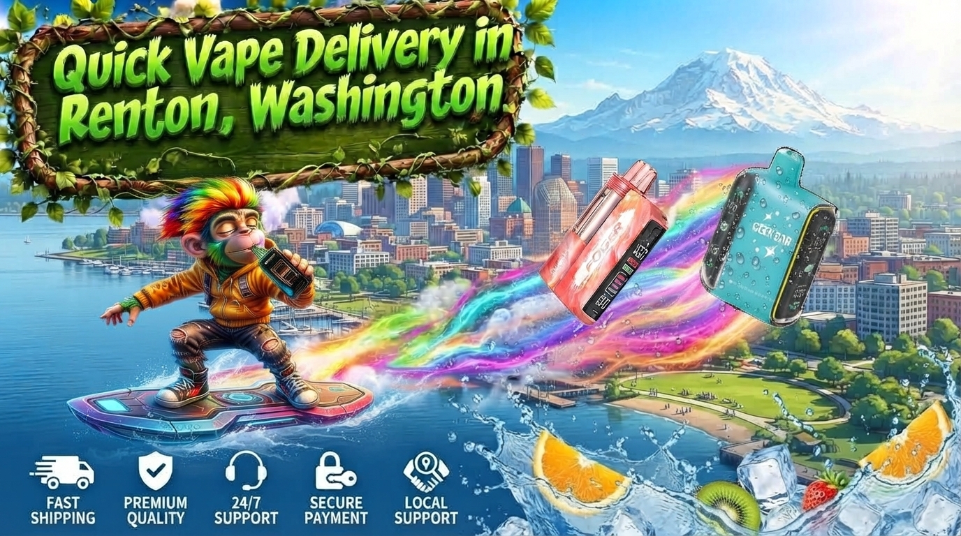 Citrus Flavor Devices with Renton Waterfront Colorful citrus flavor devices with ice cubes, fruit accents, rainbow effects, and a vibrant Renton backdrop.
