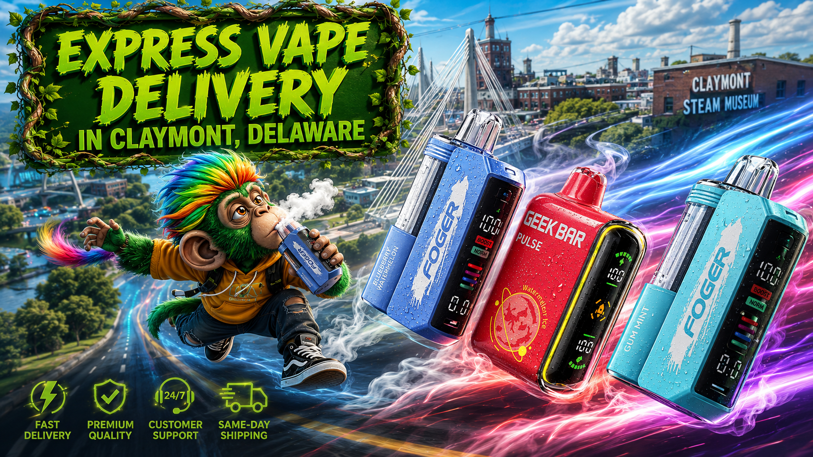 A vibrant promotional banner showcasing Express Vape Delivery in Claymont, Delaware. The image features a colorful cartoon monkey holding a disposable vape while flying through a futuristic cityscape inspired by Claymont landmarks. Three premium disposable vapes with water droplets race through glowing neon smoke trails, highlighting fast shipping, premium quality, customer support, and reliable vape delivery service.