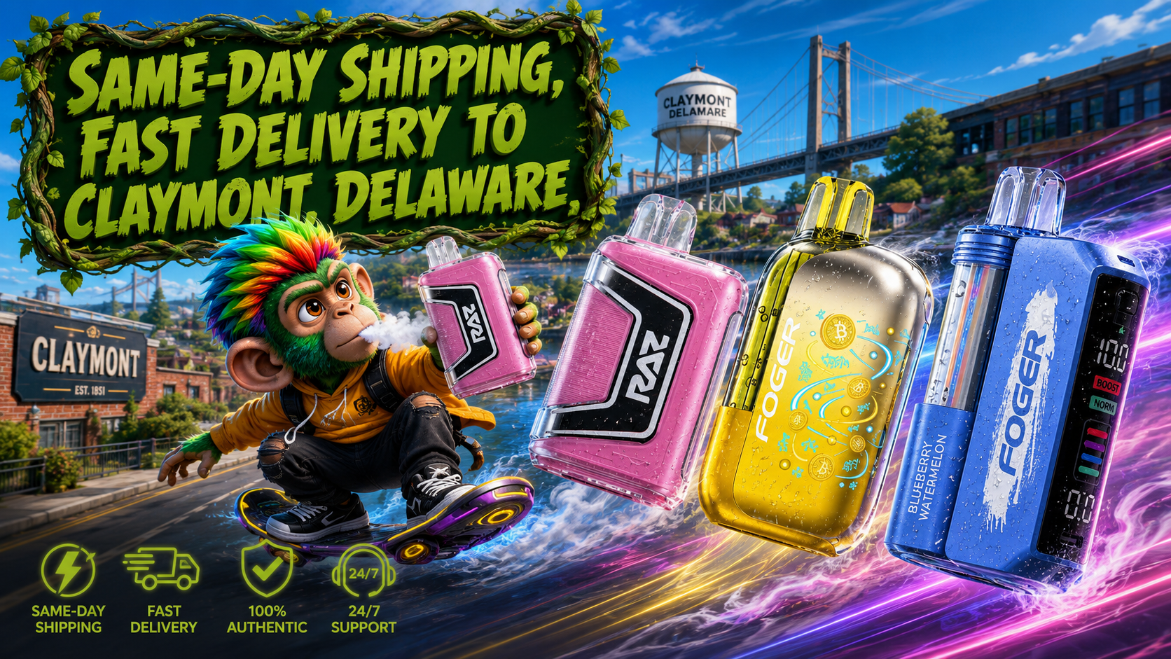 A vibrant promotional banner showcasing fast vape shipping and delivery services in Claymont, Delaware. A colorful monkey character rides a futuristic hoverboard while holding a pink disposable vape, surrounded by premium disposable vape devices with realistic water droplets and glowing energy trails. The background features recognizable Claymont landmarks, including the Claymont water tower and bridge, under a bright blue sky. A bold green vine-framed sign highlights "Same-Day Shipping, Fast Delivery to Claymont, Delaware," while service icons emphasize same-day shipping, fast delivery, authentic products, and 24/7 customer support.
