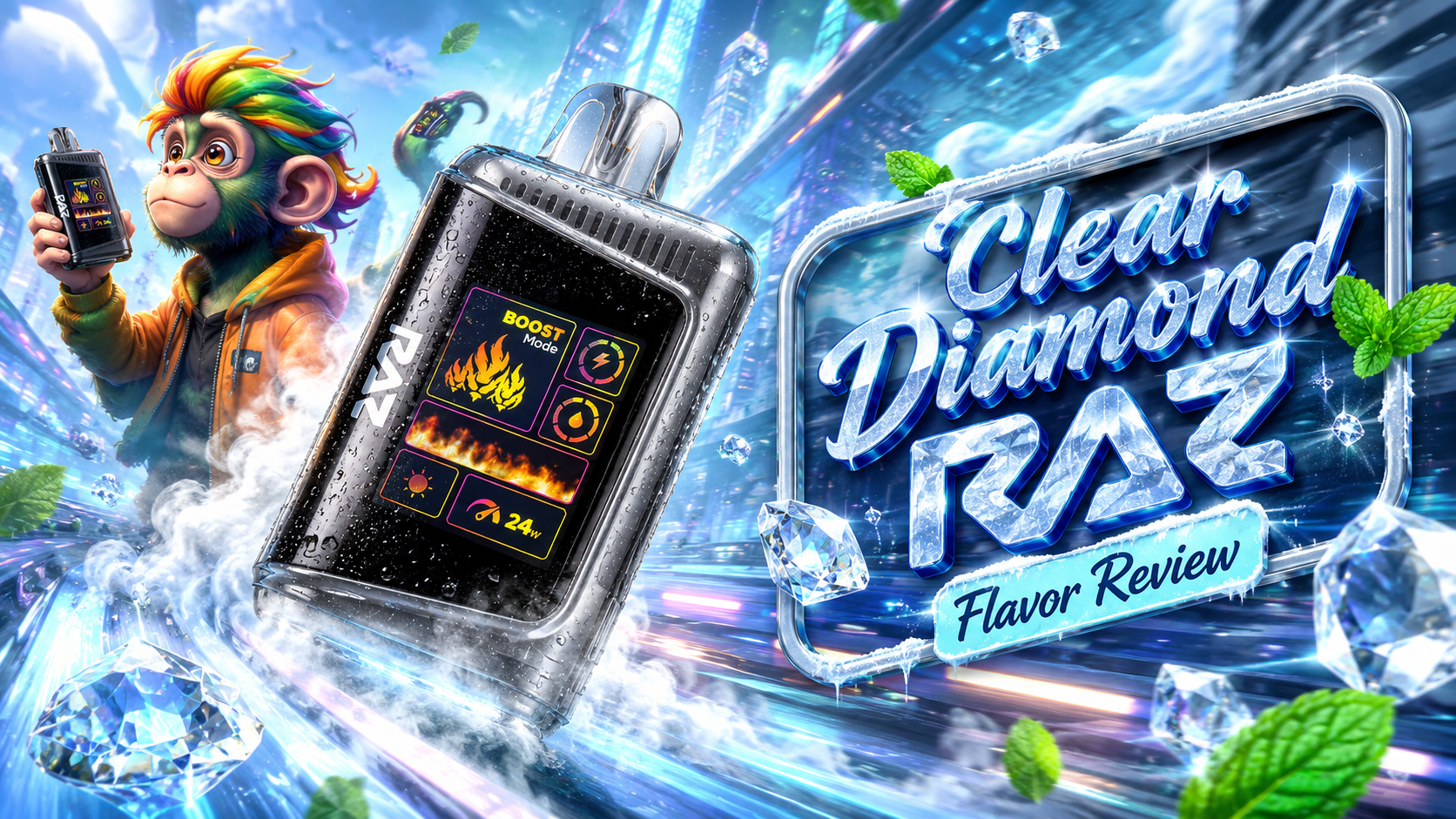 Clear Diamond RAZ LTX 25000 Disposable Vape Flavor Review with Crystal Ice Theme RAZ LTX 25000 Clear Diamond disposable vape with crystal ice, mint leaves, cooling vapor, and sparkling diamond accents.