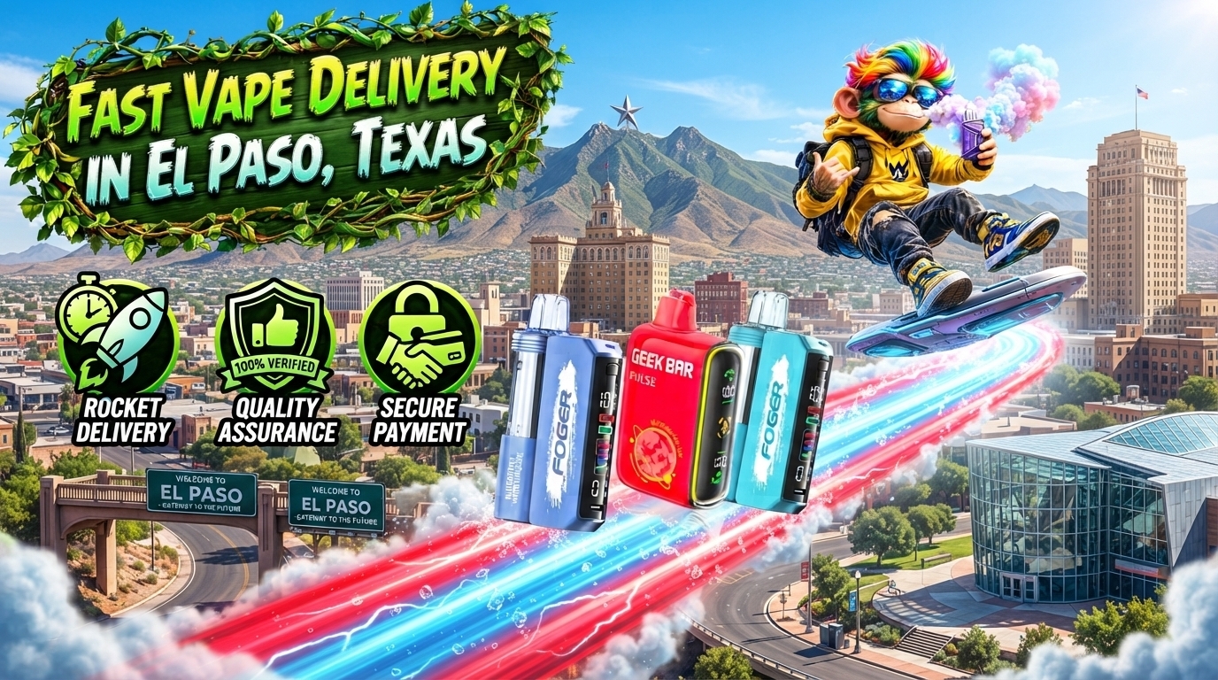 Colorful disposable devices displayed over the El Paso skyline with fast delivery icons and a vibrant flying character.