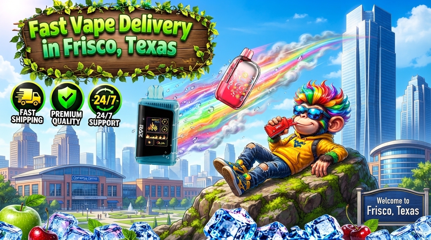 Disposable devices with icy fruit accents, rainbow motion trails, and a vibrant Frisco city skyline backdrop.
