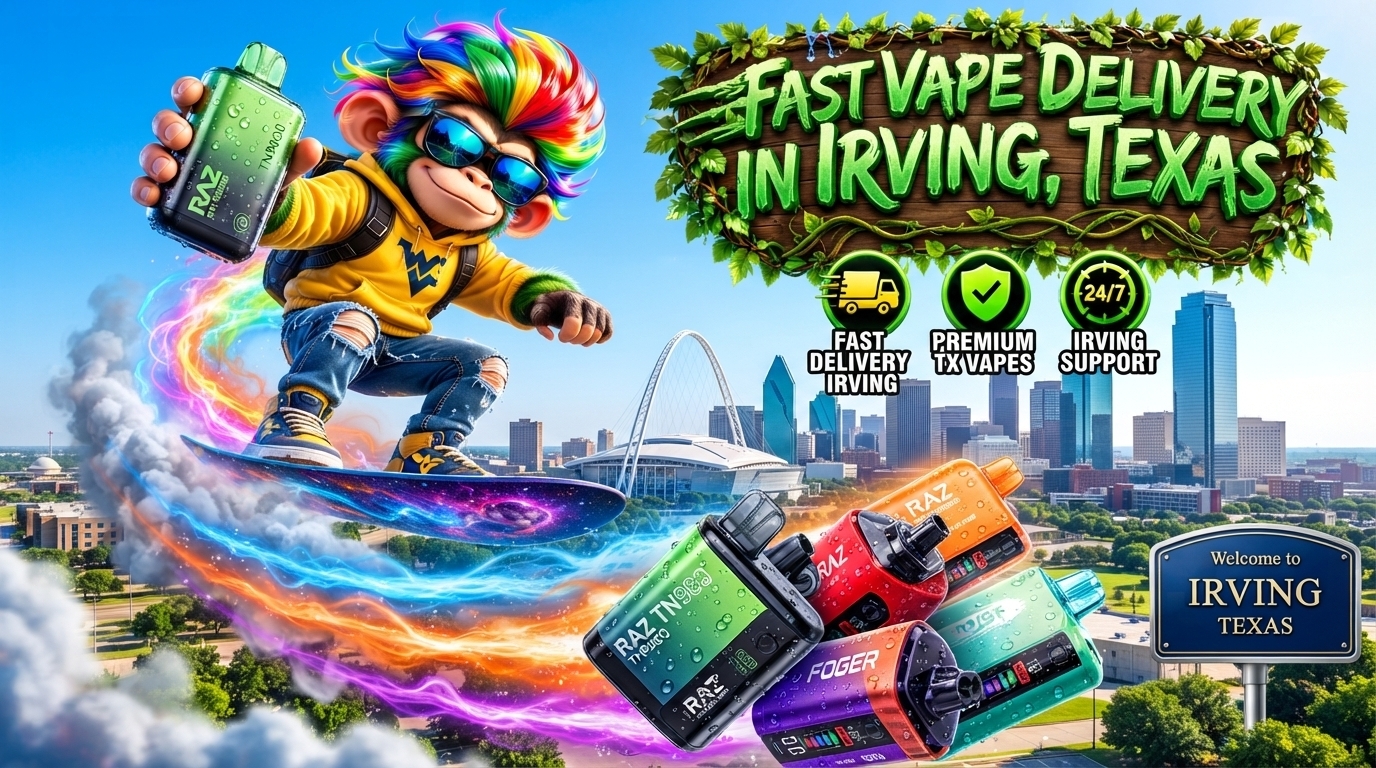 Disposable devices with vibrant color trails, icy effects, and a dynamic Irving skyline background.
