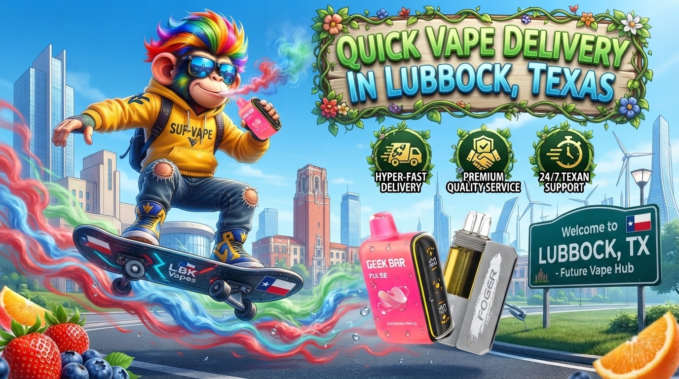 Colorful Disposable Devices with Fast Delivery in Lubbock Disposable devices with fruit accents, vibrant trails, and a city backdrop highlighting quick delivery service.