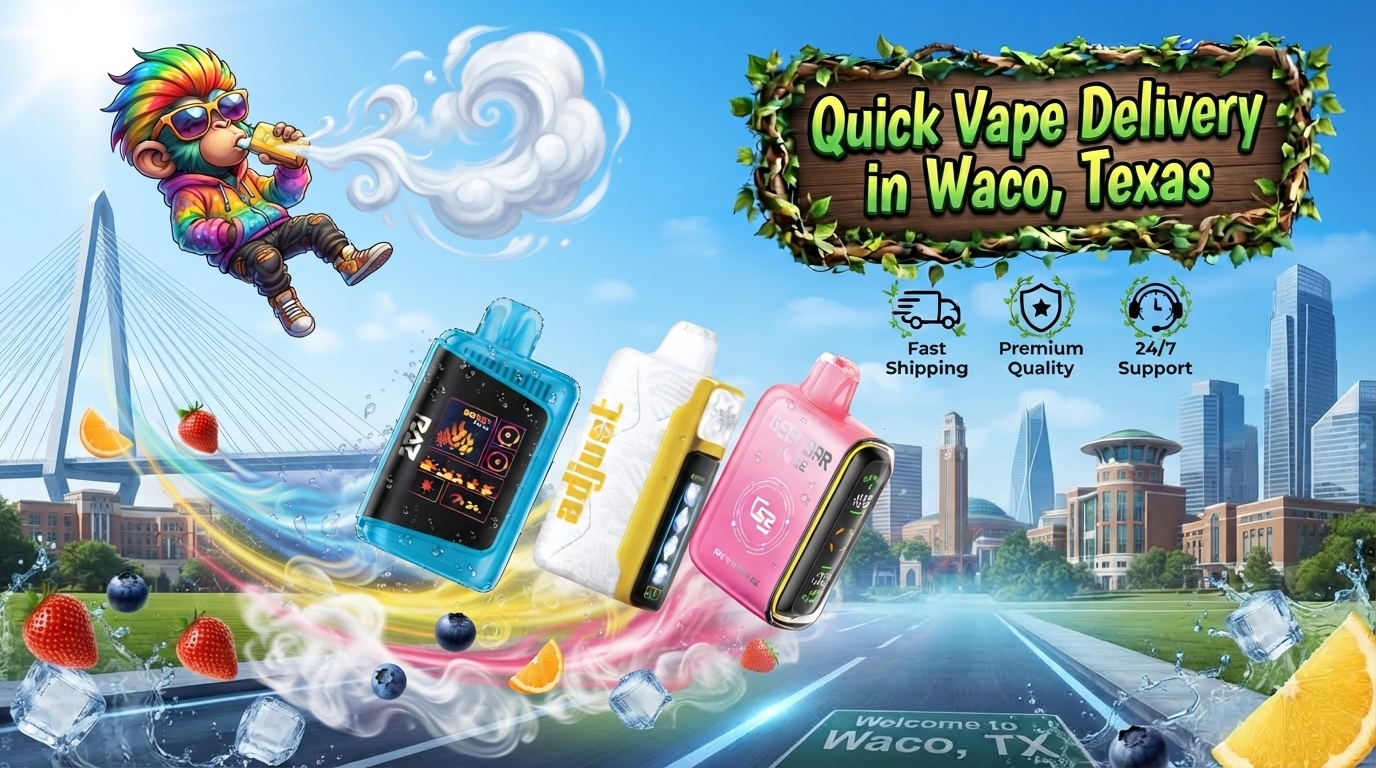 Disposable devices with fruit and ice accents, vibrant motion effects, and a Waco city skyline backdrop.
