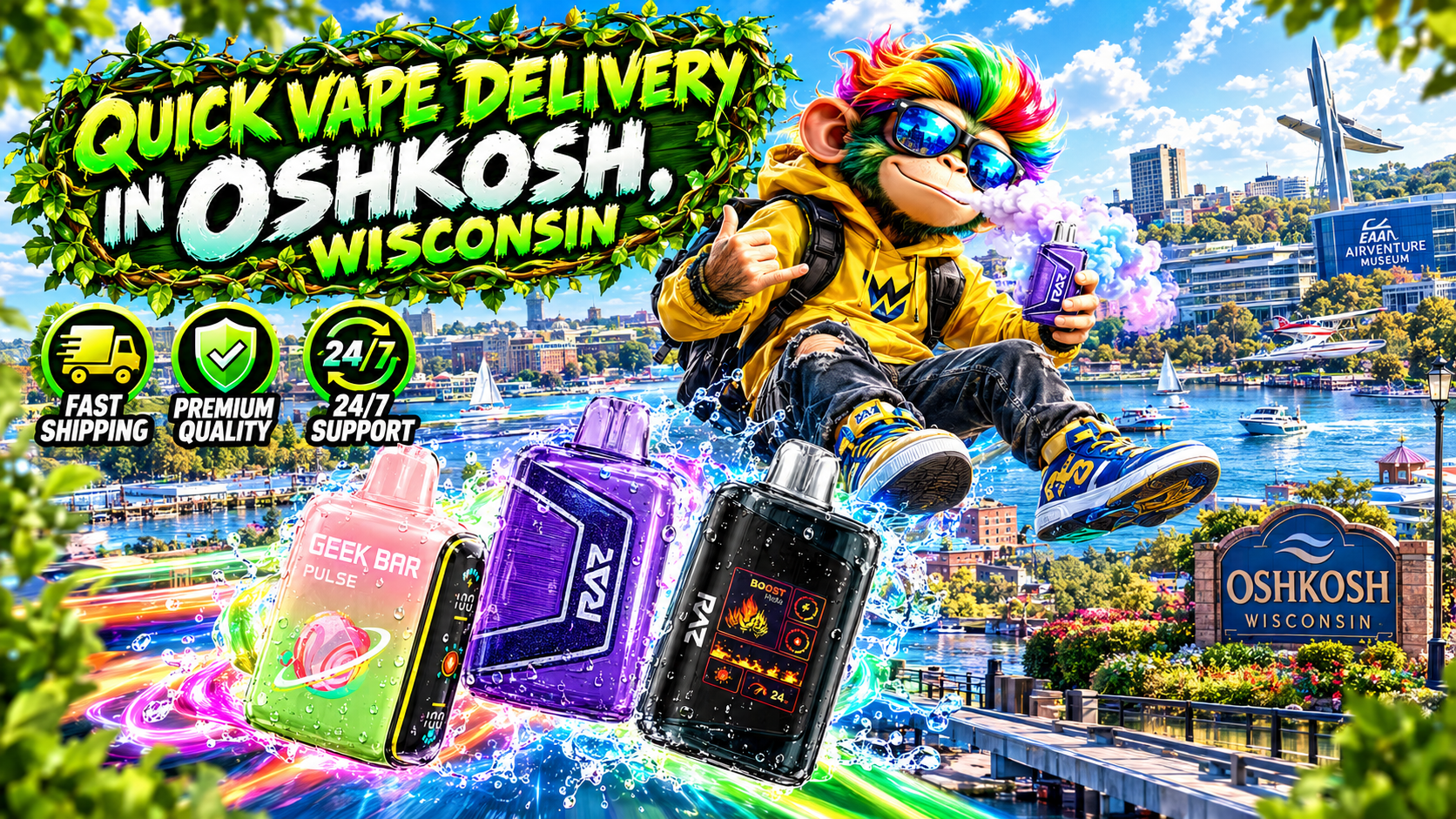 Vibrant flavor devices with rainbow splash effects and a cartoon character above the Oshkosh lakeside skyline.