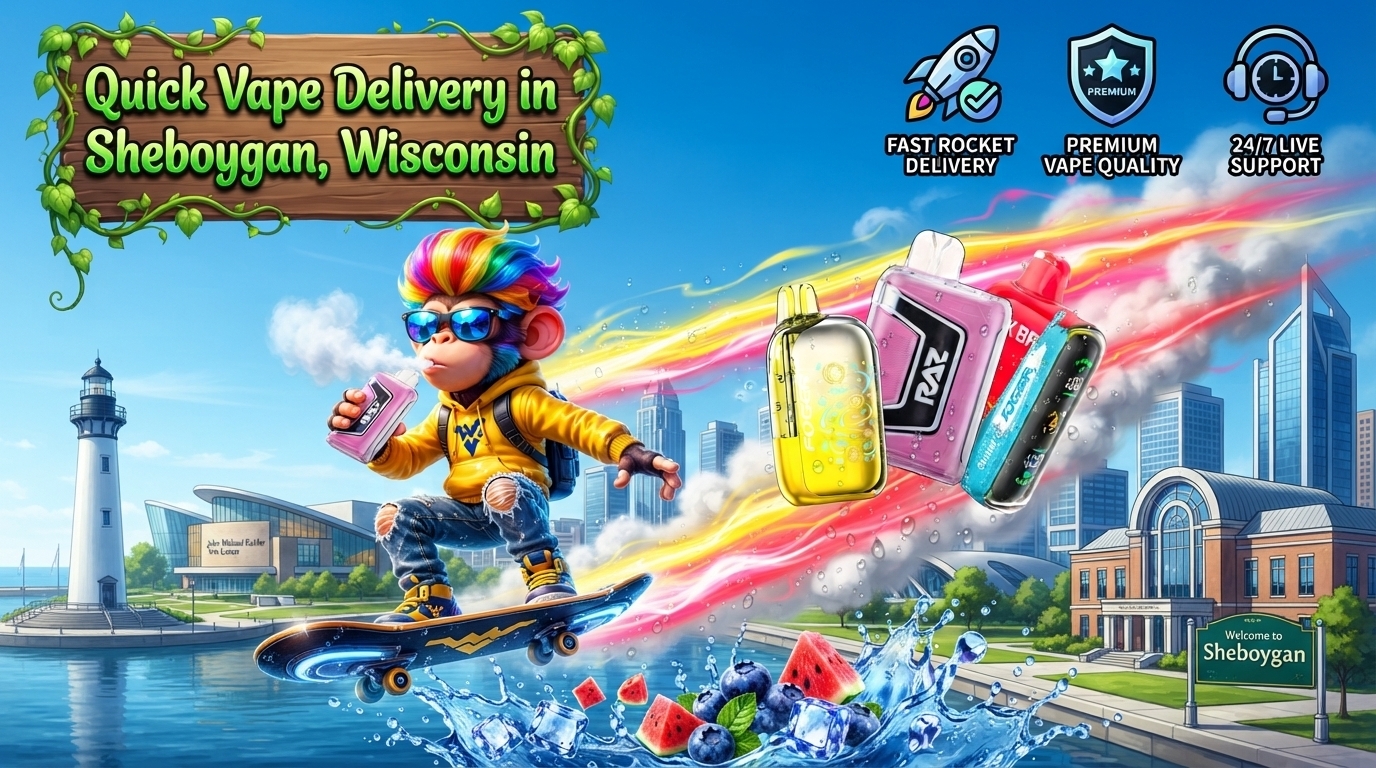 Bright flavor devices with fruit and ice accents, colorful motion effects, and a waterfront city backdrop.