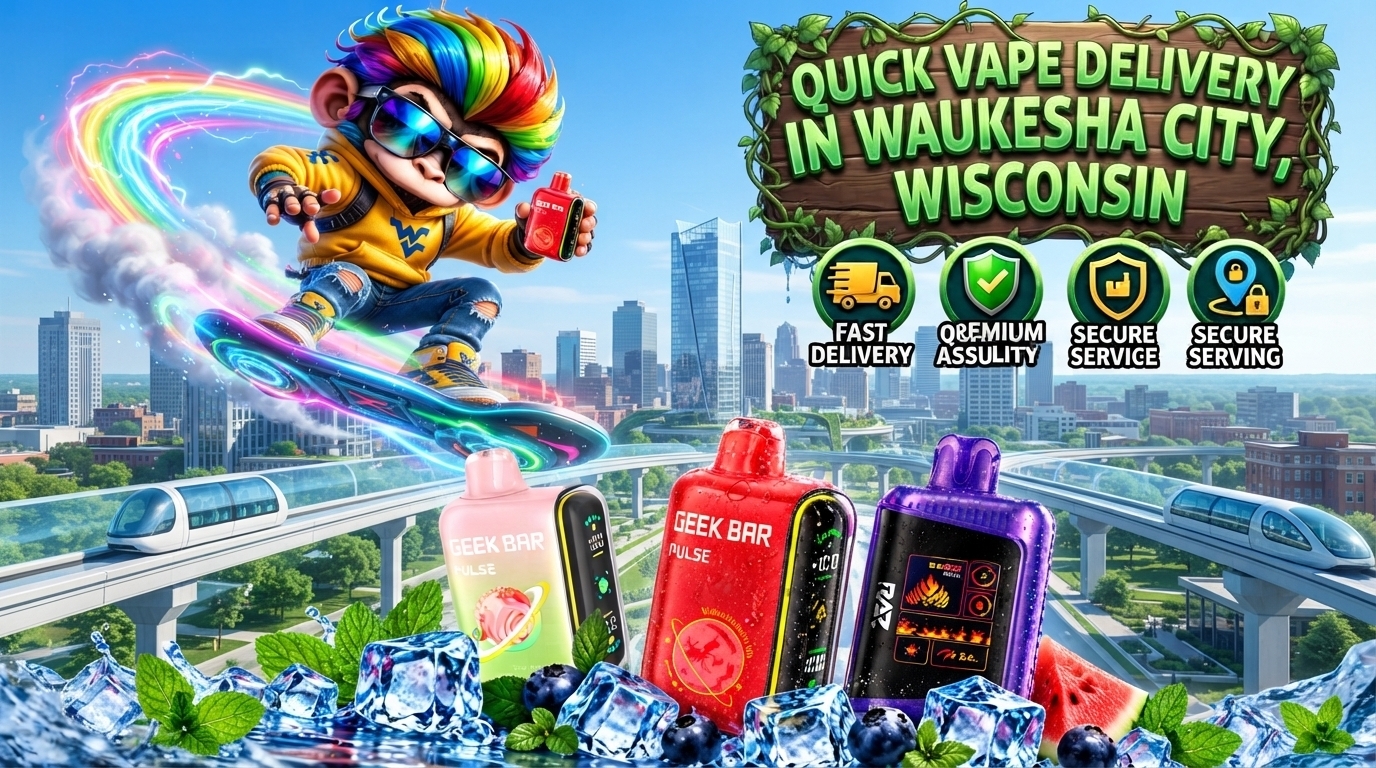Colorful Flavor Devices with Waukesha Skyline View Bright flavor devices with fruit, ice accents, rainbow trails, and a vibrant Waukesha city backdrop.