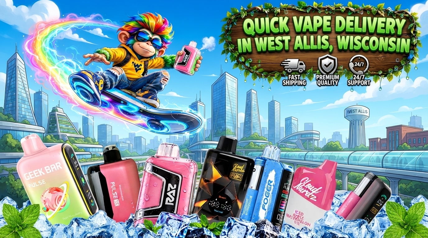 Colorful Flavor Devices with West Allis Skyline Bright flavor devices with icy accents, rainbow motion trails, and a vibrant West Allis city backdrop.