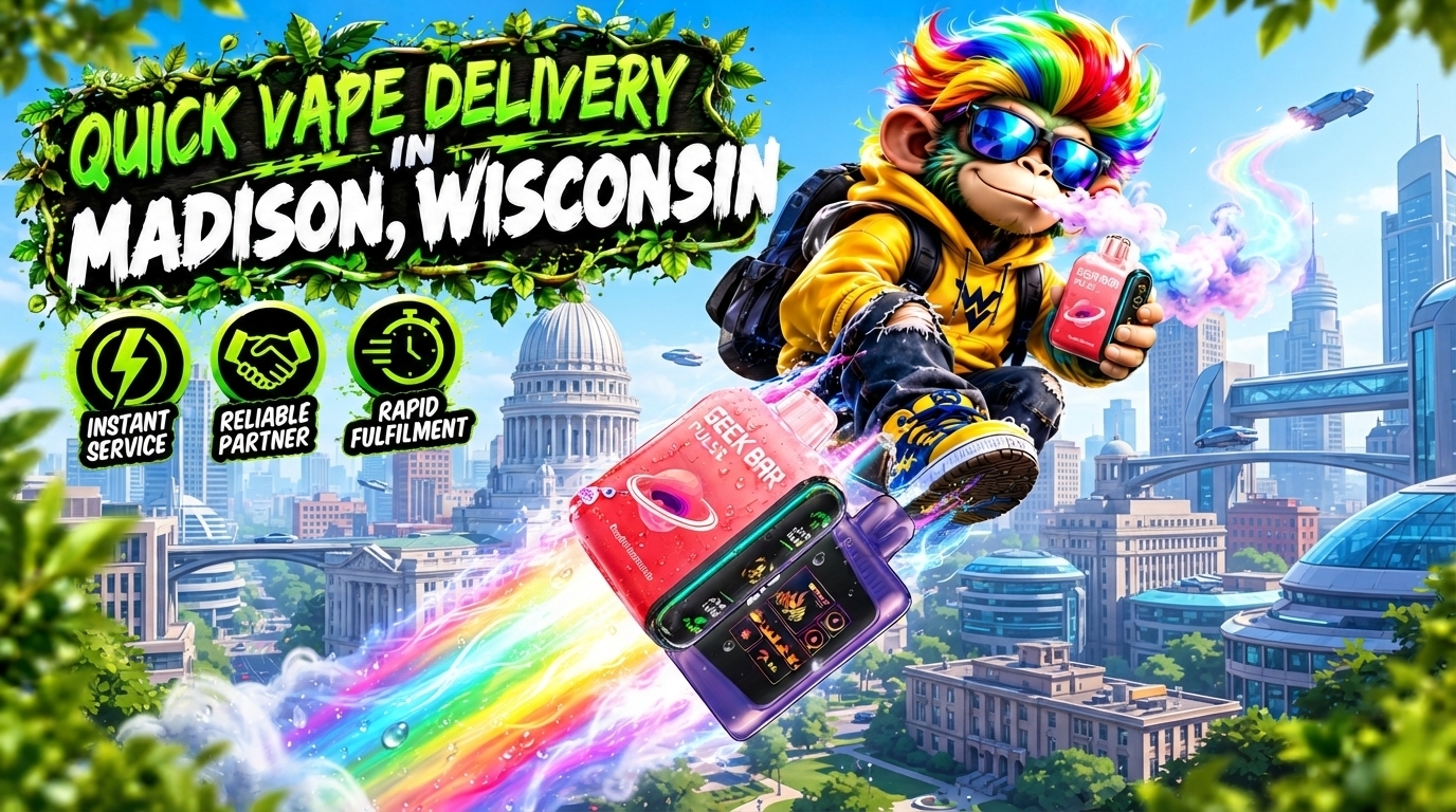 Bright fruit-inspired device with rainbow effects, cartoon character, and futuristic Madison cityscape background.
