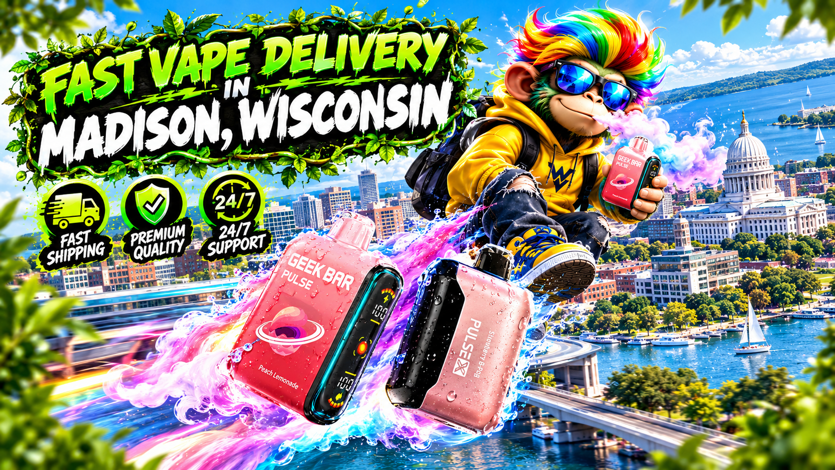 Bright fruit flavor device with colorful splash effects, cartoon character, and Madison waterfront city backdrop.