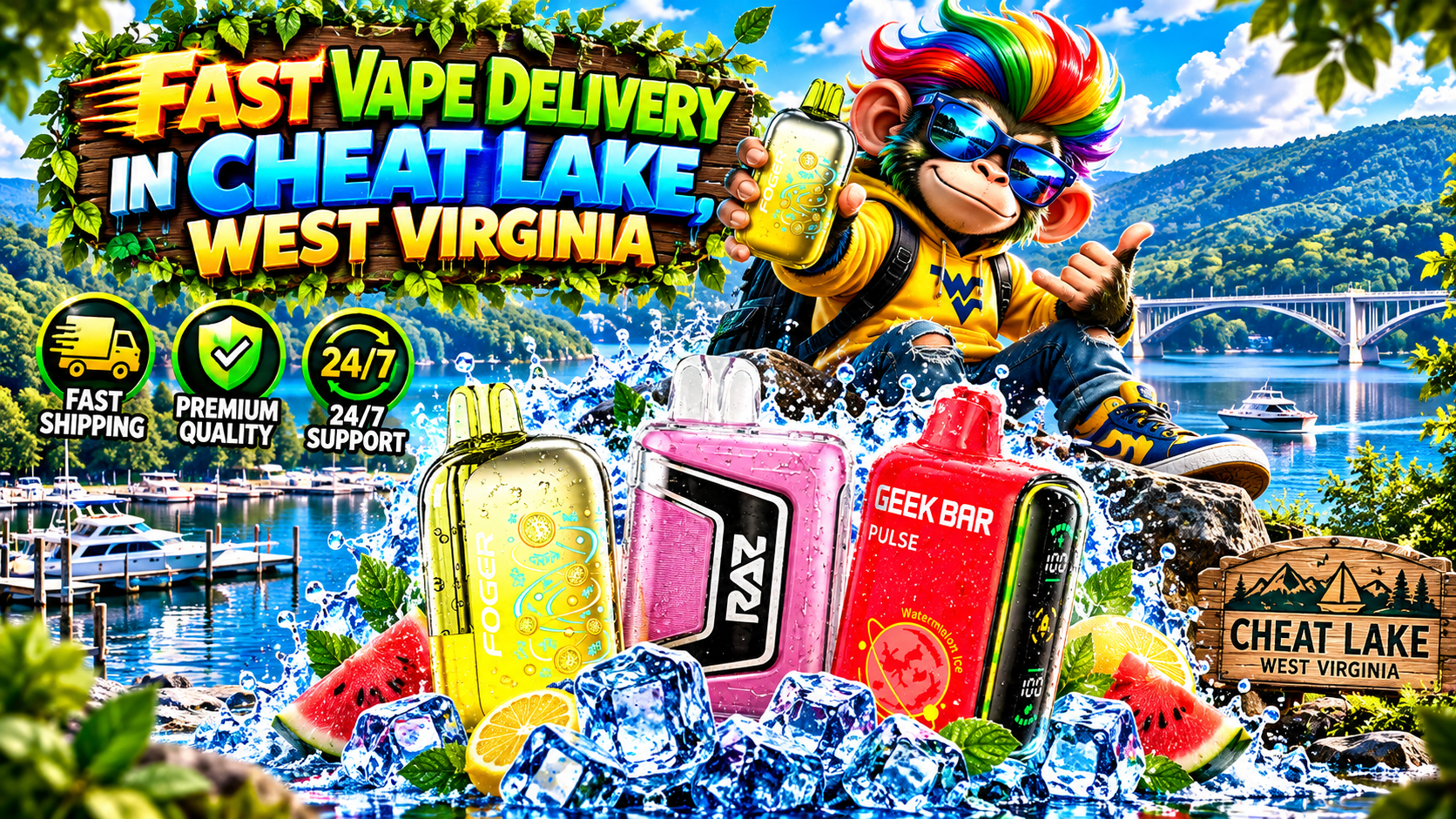 Bright vape devices with water droplets and ice set against a scenic Cheat Lake waterfront.