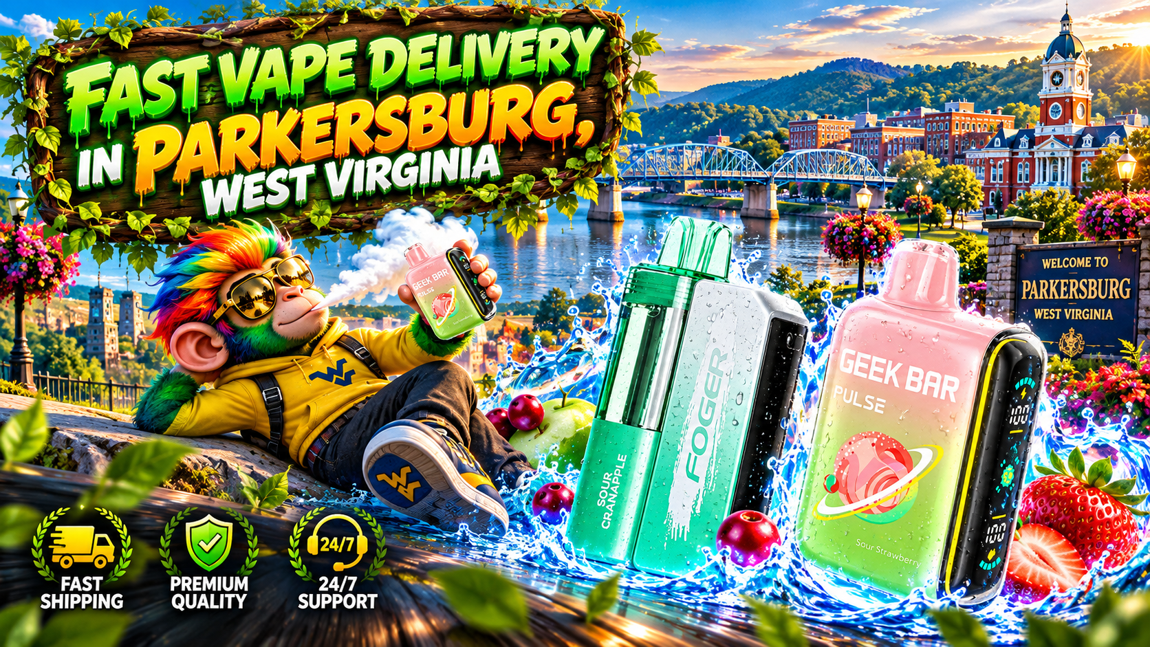 Colorful Vape Devices by the Parkersburg Riverfront Water-covered vape devices stand amid bright splashes against a scenic Parkersburg riverfront.