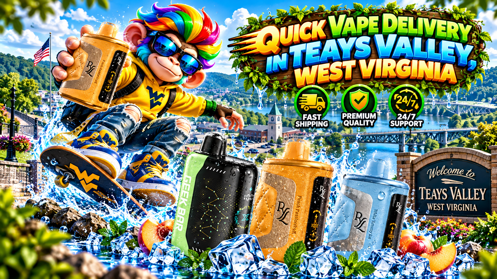 Modern vape devices with water droplets, ice accents, and a bright Teays Valley landscape.