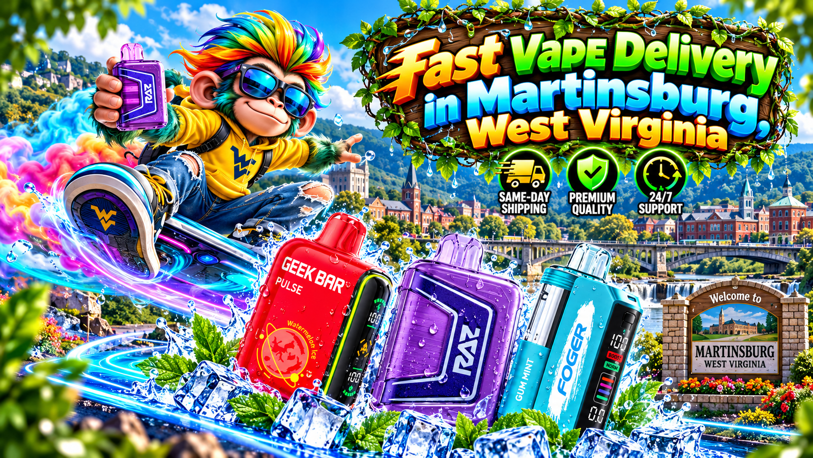 Bright vape devices with water droplets, icy details, and a lively Martinsburg city backdrop.