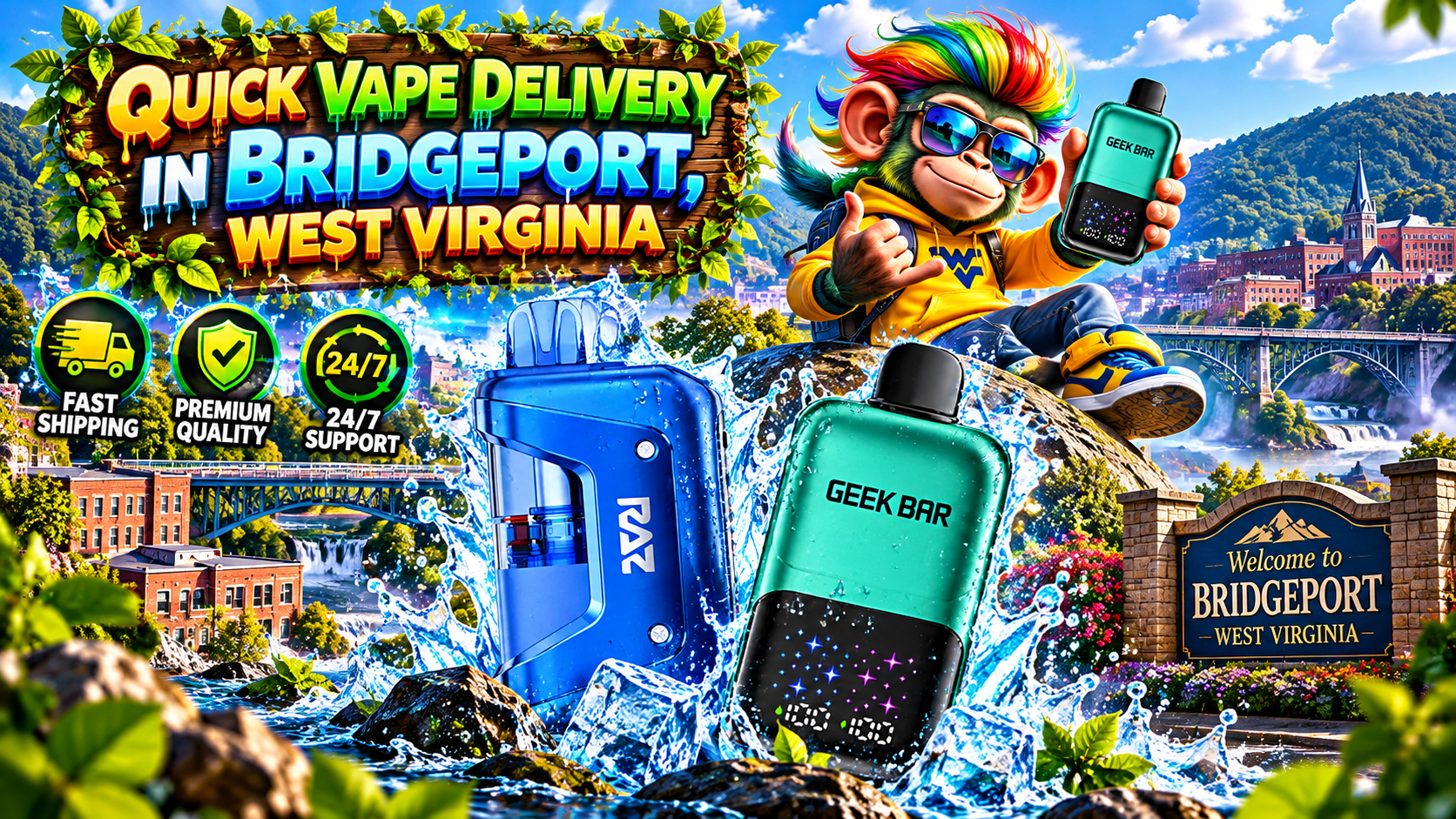 Colorful Vape Devices with Water Effects in Bridgeport, West Virginia Water-covered vape devices displayed against a bright Bridgeport city and mountain backdrop.