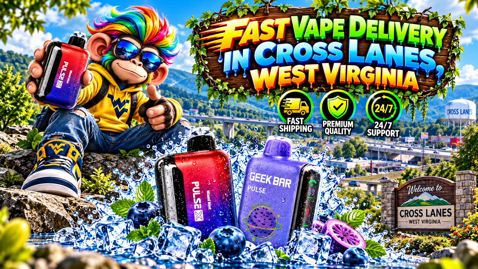 Water-covered vape devices surrounded by ice and berries with a sunny Cross Lanes landscape behind them.
