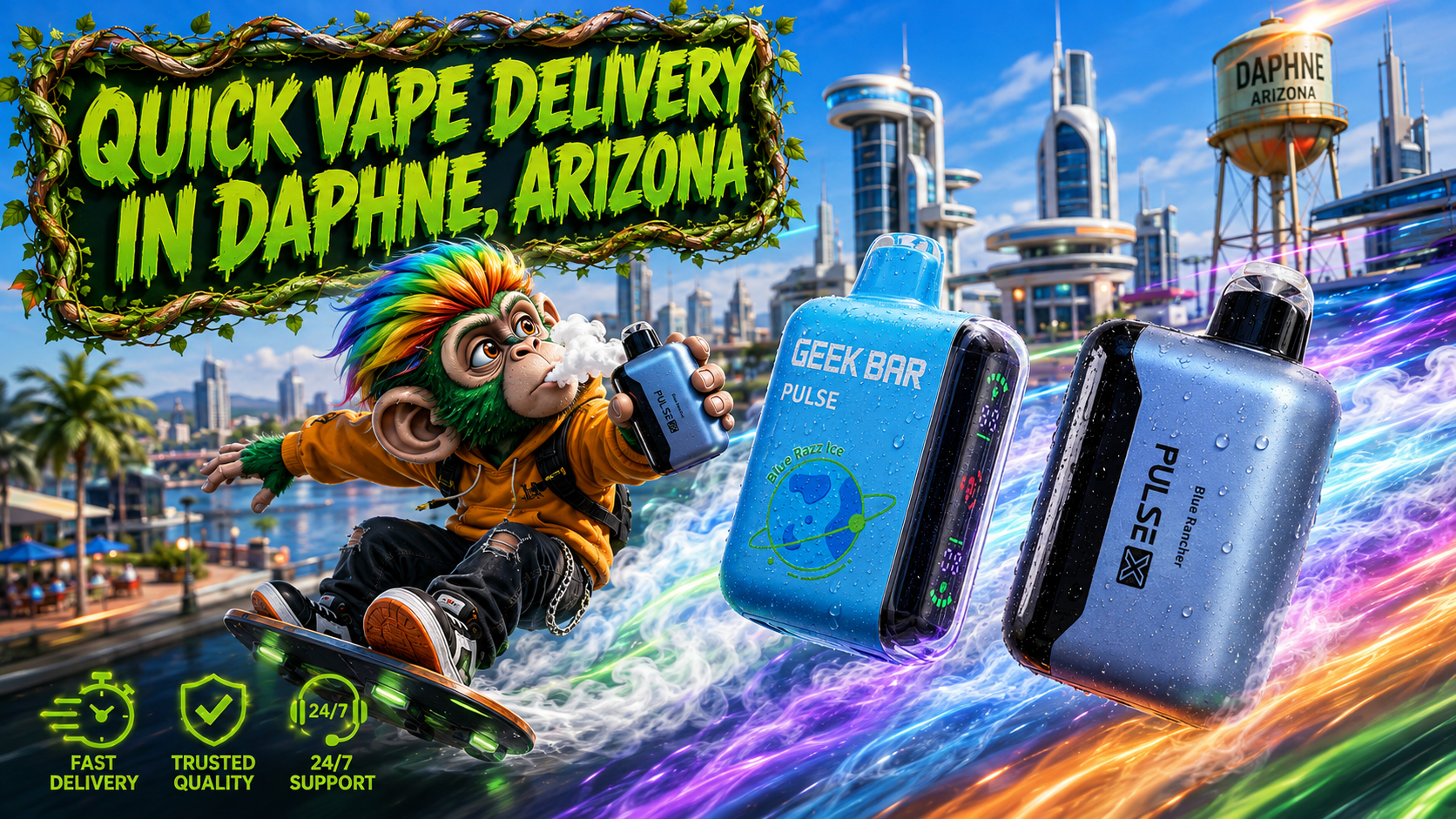Rechargeable Devices with Fast Delivery Theme Two rechargeable devices with colorful light trails and a futuristic city backdrop promoting fast delivery service.