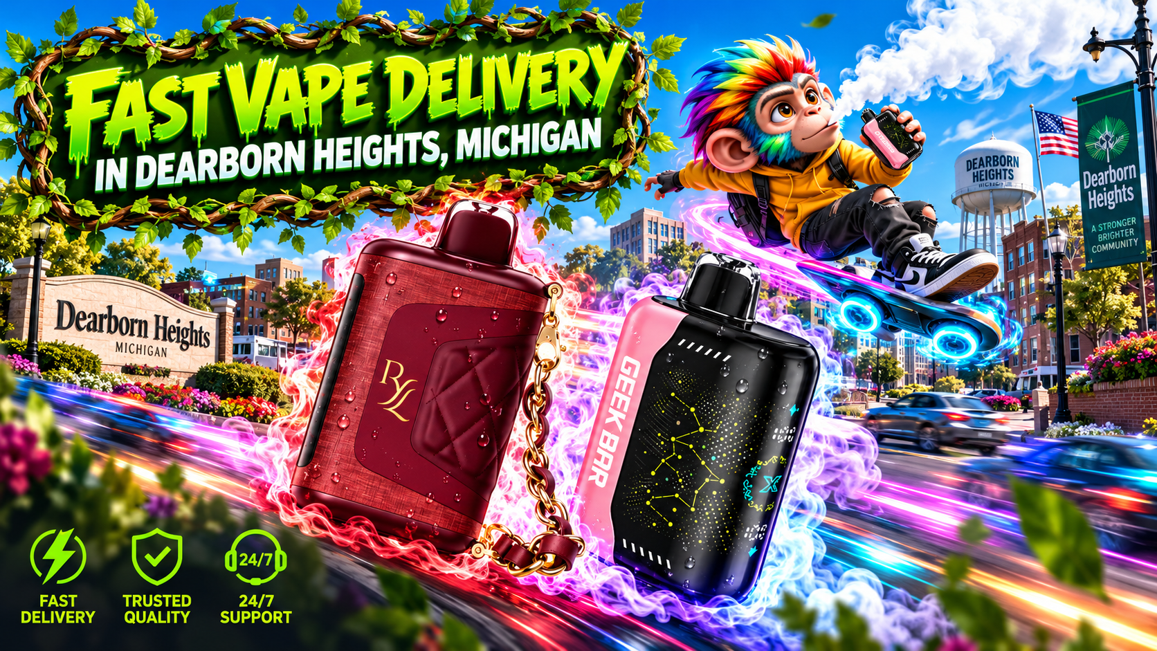 Energetic Device Delivery in Dearborn Heights, Michigan Red and black devices glide through Dearborn Heights with glowing trails, water droplets, and a bright urban backdrop.