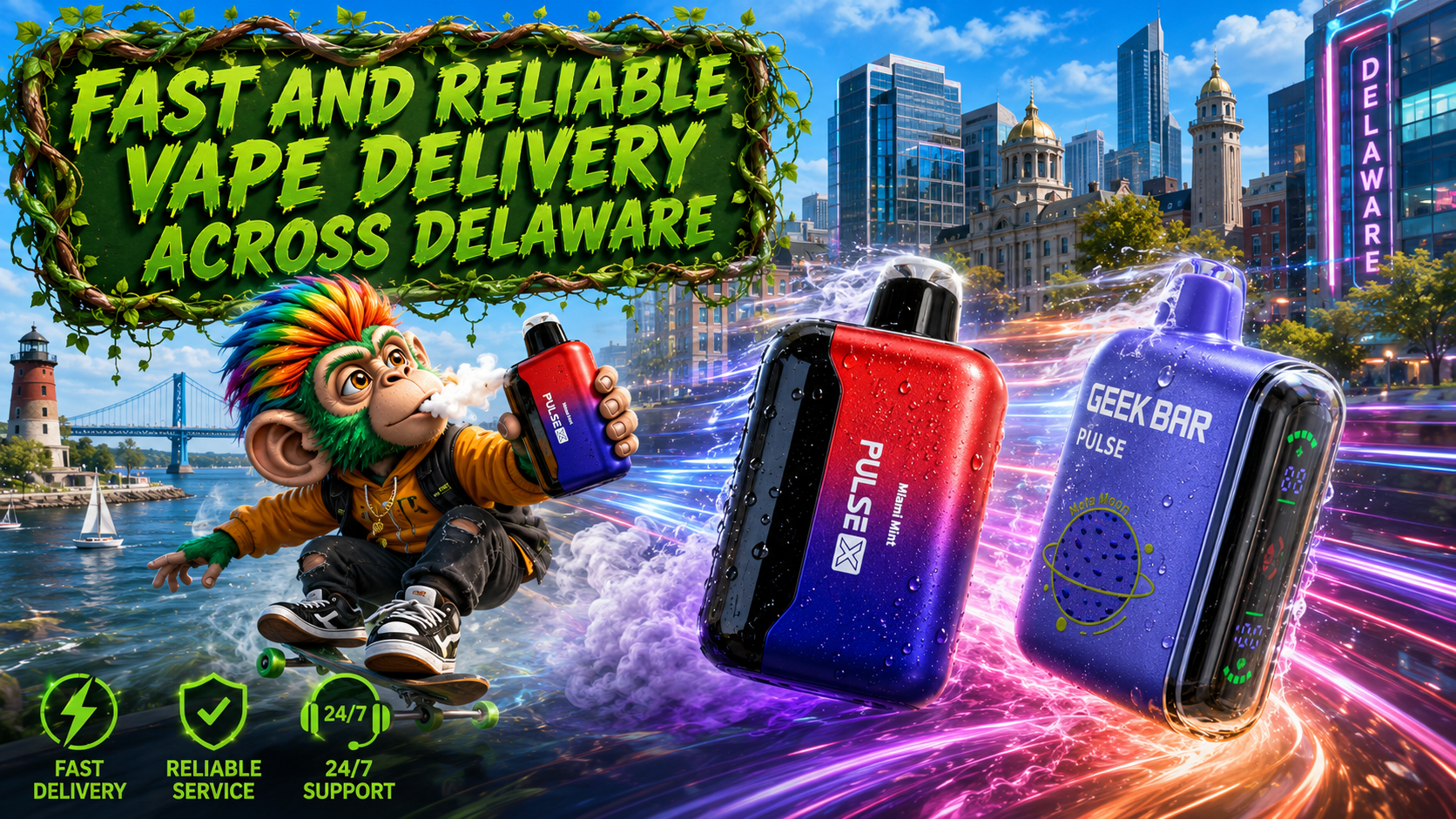 A colorful promotional banner showcases fast and reliable vape delivery across Delaware, featuring two Geek Bar Pulse devices speeding through a futuristic city with vibrant energy trails and water droplets. A playful skateboard-riding character holds a vape while iconic Delaware landmarks, a waterfront lighthouse, and a modern skyline create a dynamic background. Bright green service icons highlight fast delivery, reliable service, and 24/7 support, emphasizing a convenient online vape shopping experience.