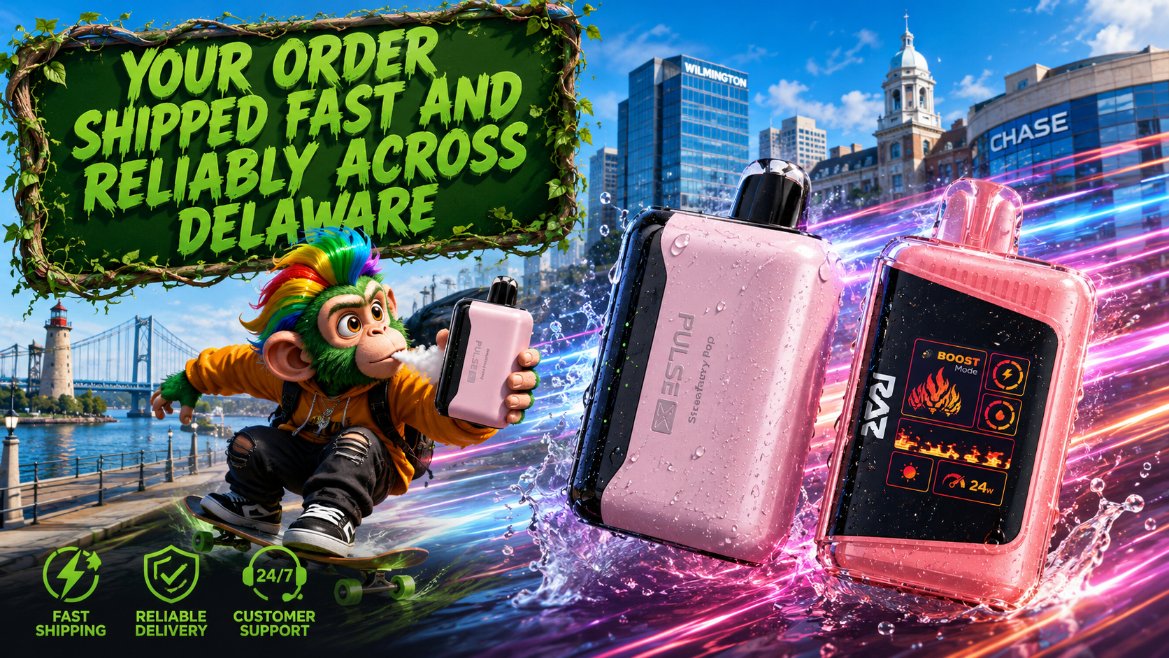 A vibrant promotional banner features fast vape shipping across Delaware with two premium disposable vape devices racing through a futuristic Wilmington cityscape surrounded by colorful energy trails, water splashes, and vapor effects. A playful skateboard-riding character holds a disposable vape while iconic Delaware landmarks and the city skyline create a dynamic backdrop. Green service icons highlight fast shipping, reliable delivery, and dedicated customer support, emphasizing a convenient online vape shopping experience with quick statewide delivery.