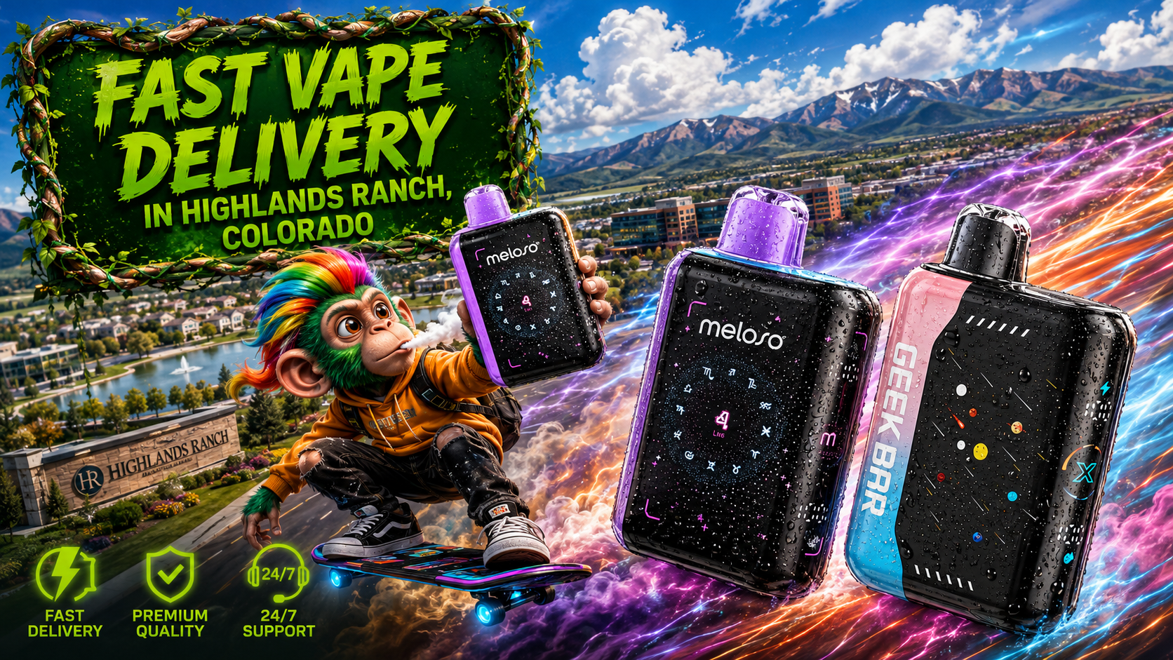 Sleek Vape Devices with Radiant Effects in Highlands Ranch, Colorado Purple and black vape devices with water droplets and radiant trails above the Highlands Ranch landscape.