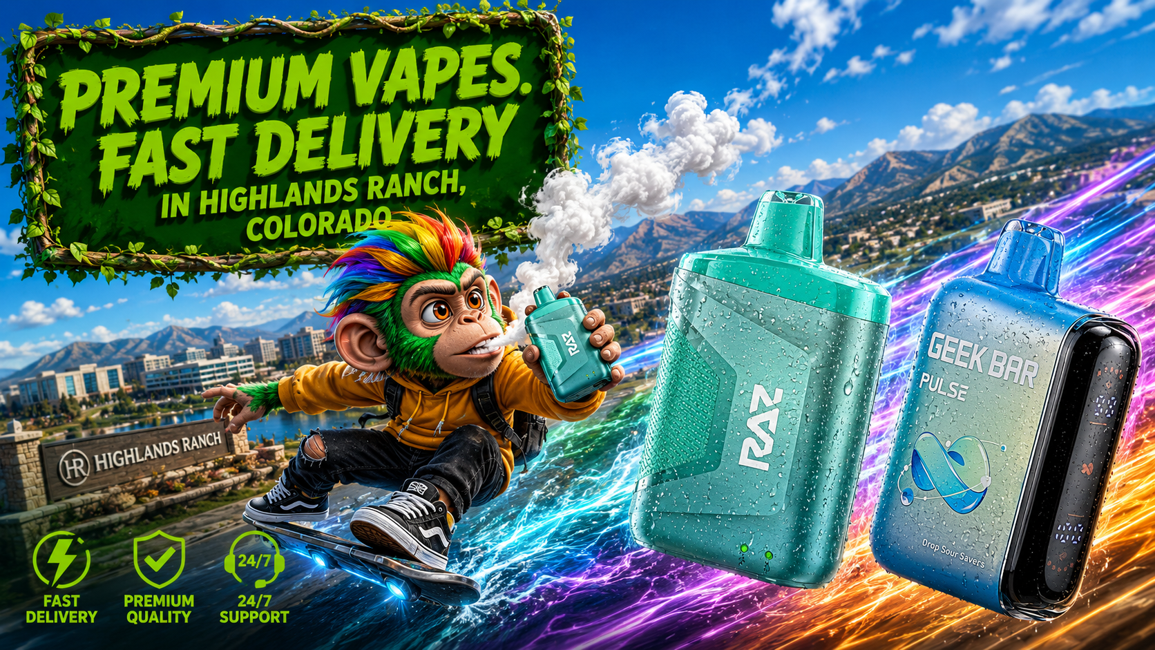 Aqua Vape Devices Amid Colorful Waves in Highlands Ranch, Colorado Aqua and blue vape devices with water drops and colorful light waves sweeping across the Highlands Ranch landscape.
