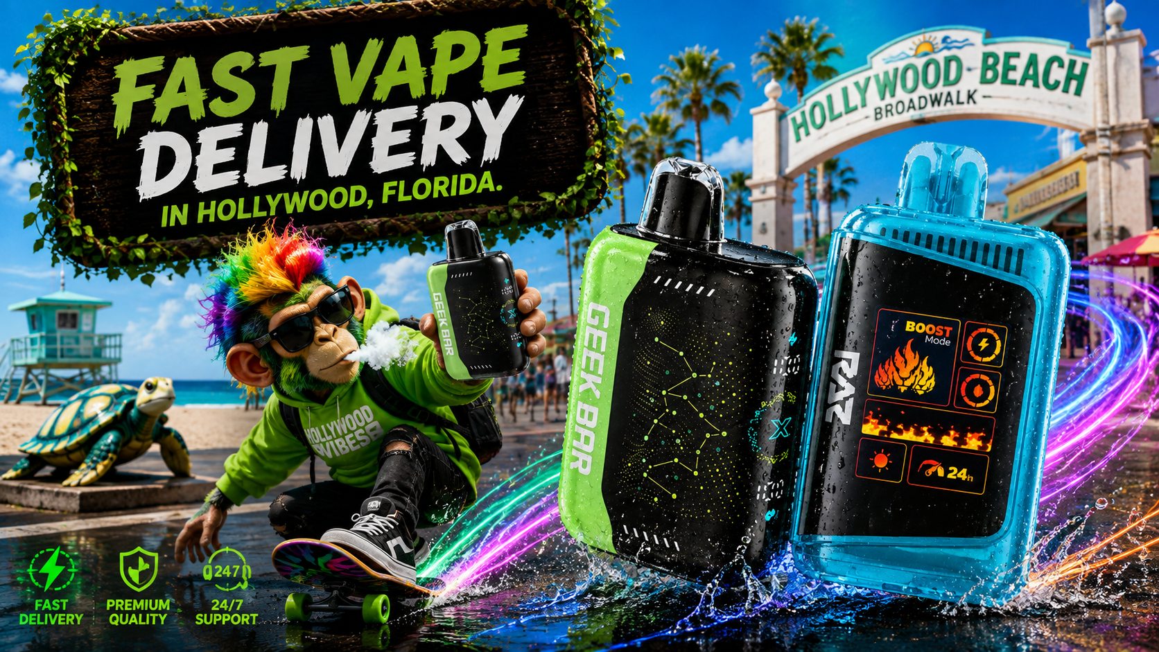 Fast Vape Delivery in Hollywood, Florida | Disposable Vape Selection Colorful disposable vapes with water effects highlight fast vape delivery near the Hollywood Beach Broadwalk in Florida.