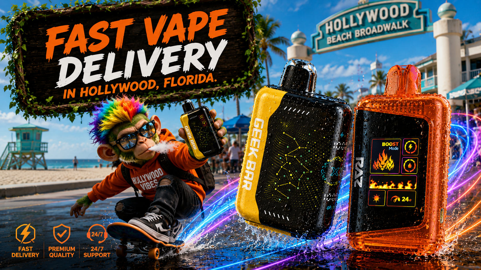 Hollywood, Florida Vape Delivery | Colorful Disposable Vapes Sleek disposable vapes with vivid water trails showcase fast vape delivery along the sunny Hollywood Beach Broadwalk.