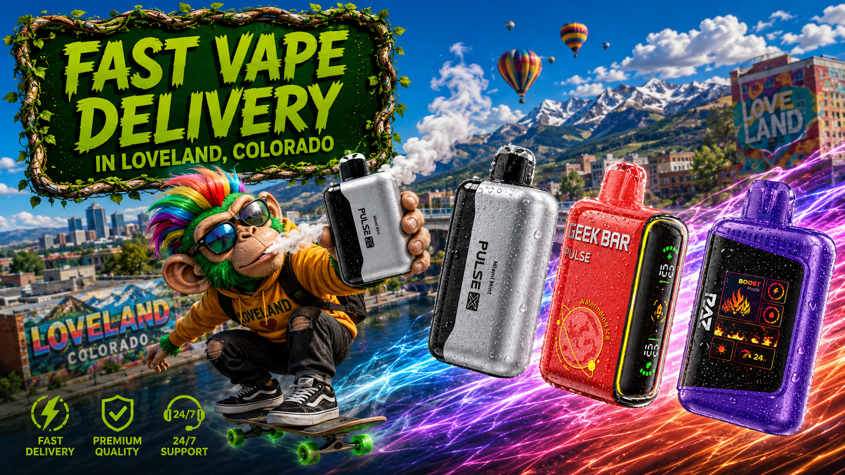 Colorful Vape Devices with Scenic Loveland Mountain Backdrop Colorful vape devices with water droplets and glowing trails set against a vivid Loveland mountain cityscape.