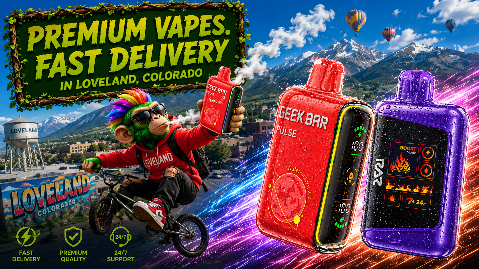 Premium Vape Devices Against a Bright Loveland Mountain Scene Red and purple vape devices with water droplets, vivid light trails, and a scenic Loveland mountain setting.