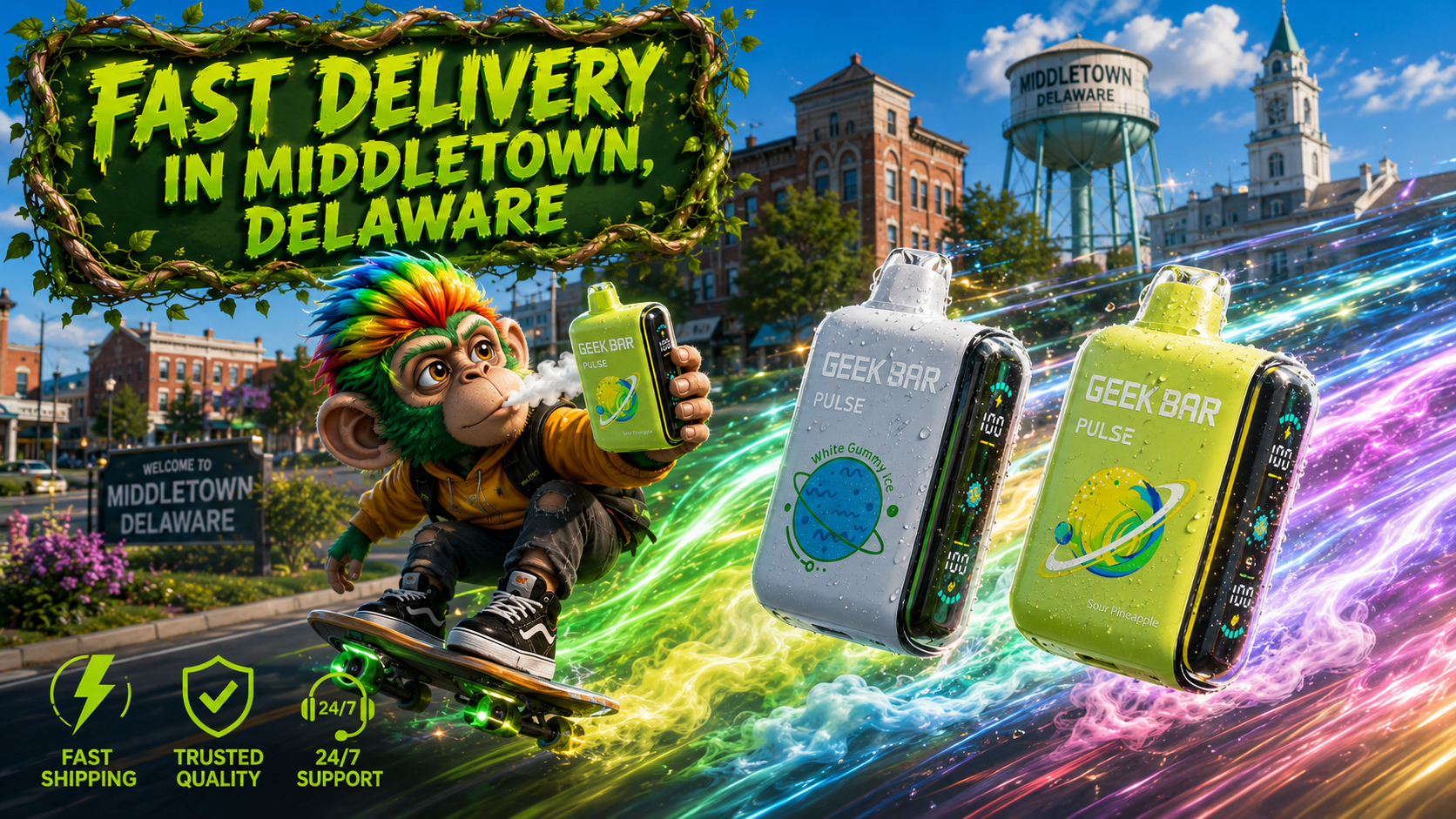 Colorful promotional banner featuring Geek Bar Pulse disposable vapes with dynamic energy trails, a cartoon character riding a skateboard while holding a vape device, and recognizable Middletown, Delaware landmarks in the background. The image highlights fast vape delivery in Middletown, DE, showcasing reliable shipping, trusted quality, and 24/7 customer support.