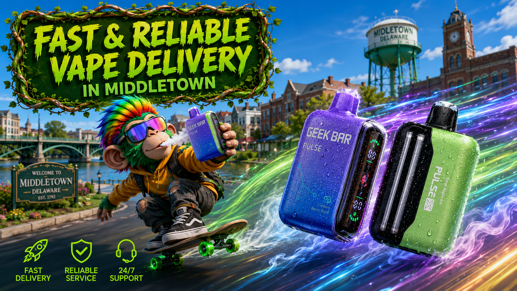 Eye-catching promotional banner featuring Geek Bar Pulse and Pulse X disposable vapes with colorful energy trails, a skateboard-riding cartoon character holding a vape, and iconic Middletown, Delaware landmarks in the background. The design promotes fast and reliable vape delivery in Middletown, DE, highlighting premium disposable vapes, dependable shipping, and outstanding customer support.