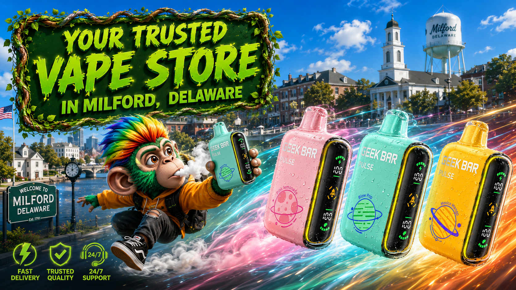A vibrant promotional banner featuring colorful Geek Bar Pulse disposable vapes with water droplets, a playful smoking mascot holding a vape device, and iconic Milford, Delaware landmarks in the background, including the Milford water tower and historic downtown. Bright energy trails, fast delivery icons, and the bold message "Your Trusted Vape Store in Milford, Delaware" emphasize reliable vape delivery, premium products, and convenient online shopping.