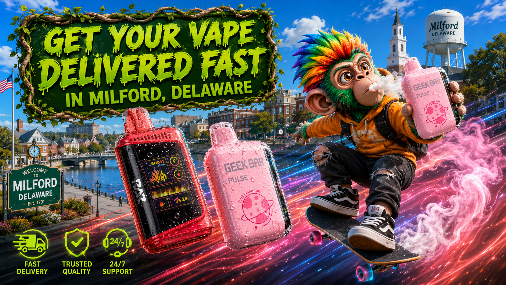 A colorful promotional banner showcasing fast vape delivery in Milford, Delaware. The image features premium disposable vape devices, including Geek Bar Pulse and RAZ models covered in water droplets, alongside a vibrant skateboard-riding mascot holding a vape. Milford's iconic water tower, historic church, and downtown waterfront create the backdrop, while glowing energy trails and service icons highlight fast shipping, trusted quality, and convenient online vape delivery.