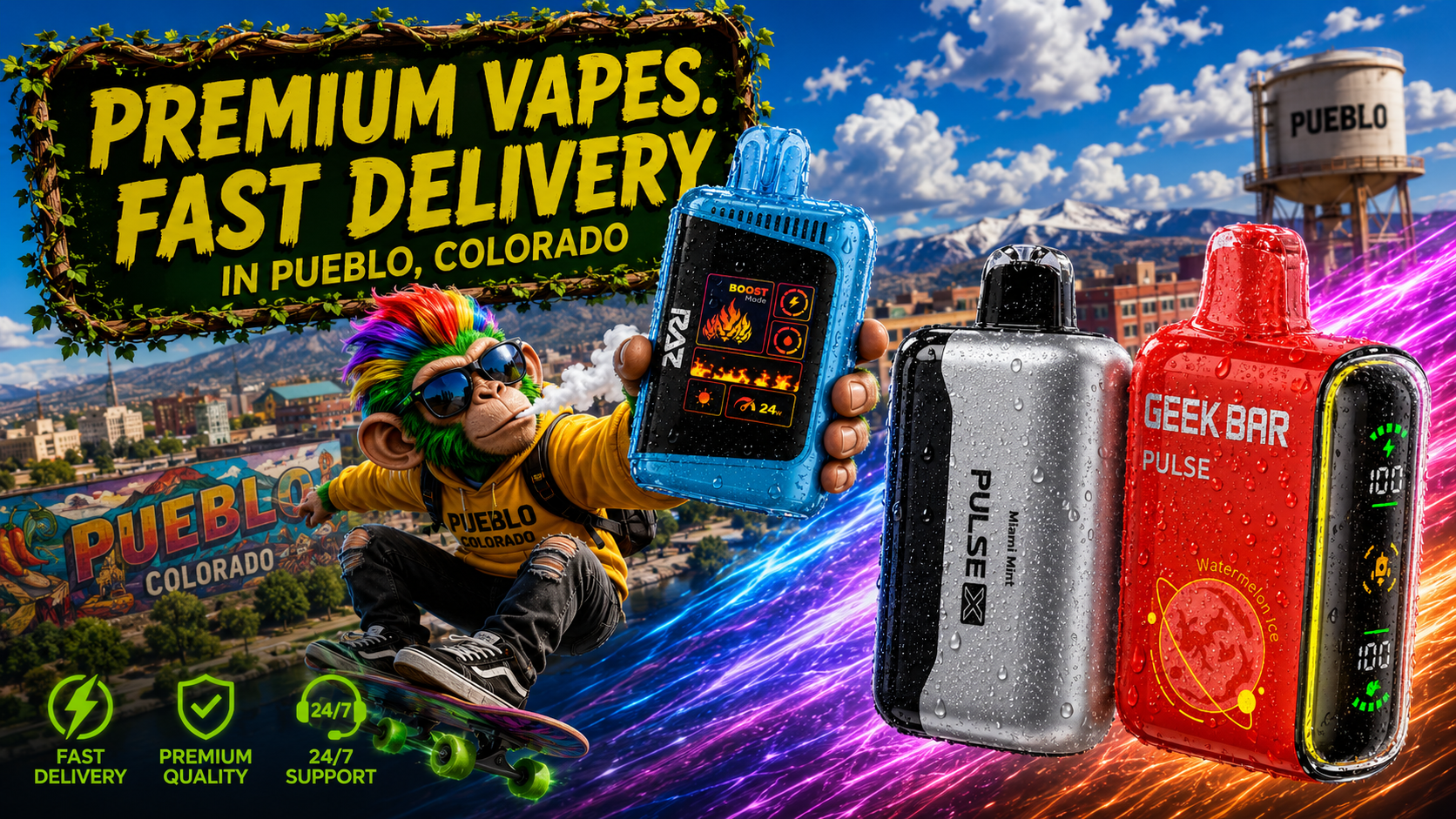 Blue, silver, and red vape devices with water droplets and vivid light trails across a scenic Pueblo backdrop.