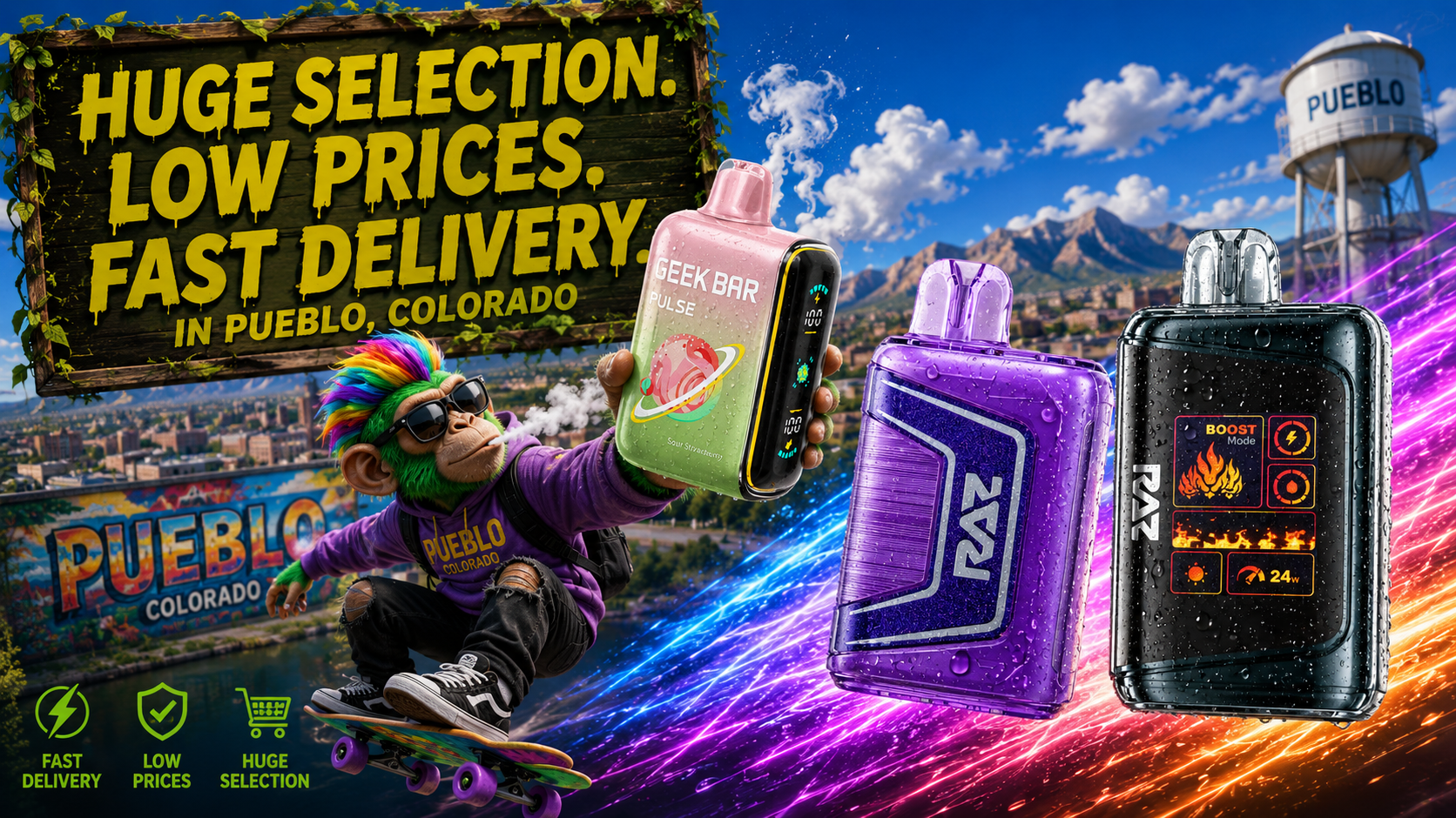 Pink, purple, and black vape devices with water droplets and neon motion trails over a bright Pueblo cityscape.