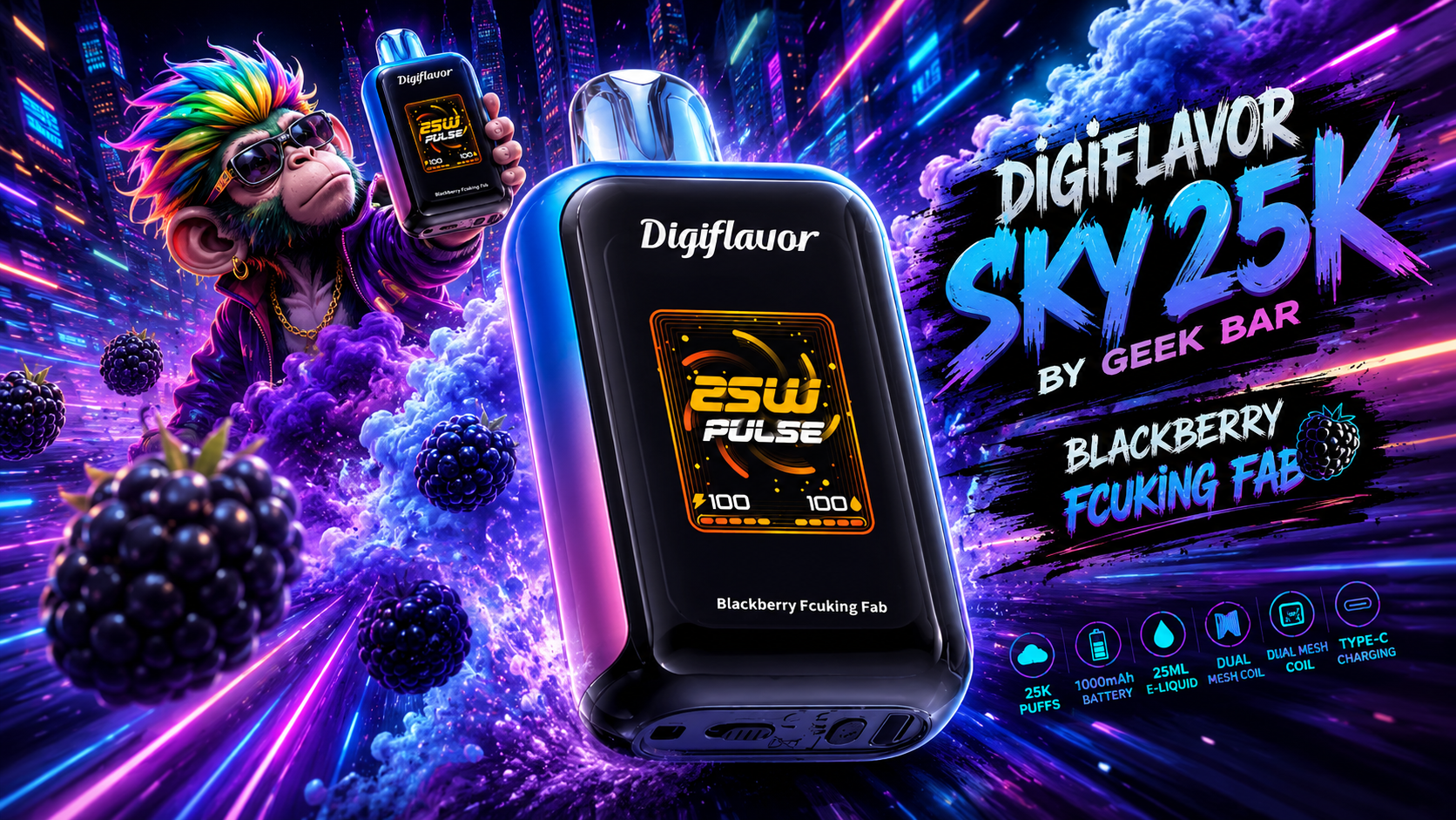Digiflavor Sky 25K vape device with neon blackberry theme and monkey mascot branding
