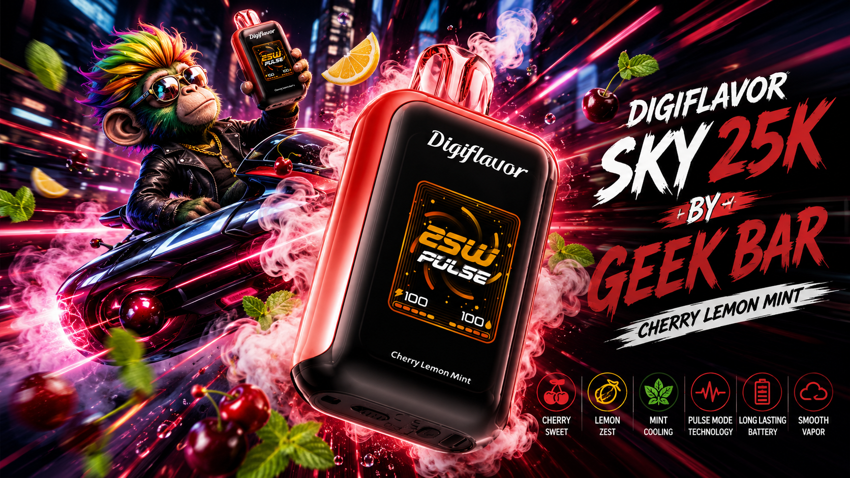 Digiflavor SKY25K vape device with Cherry Lemon Mint flavor and 25W Pulse display